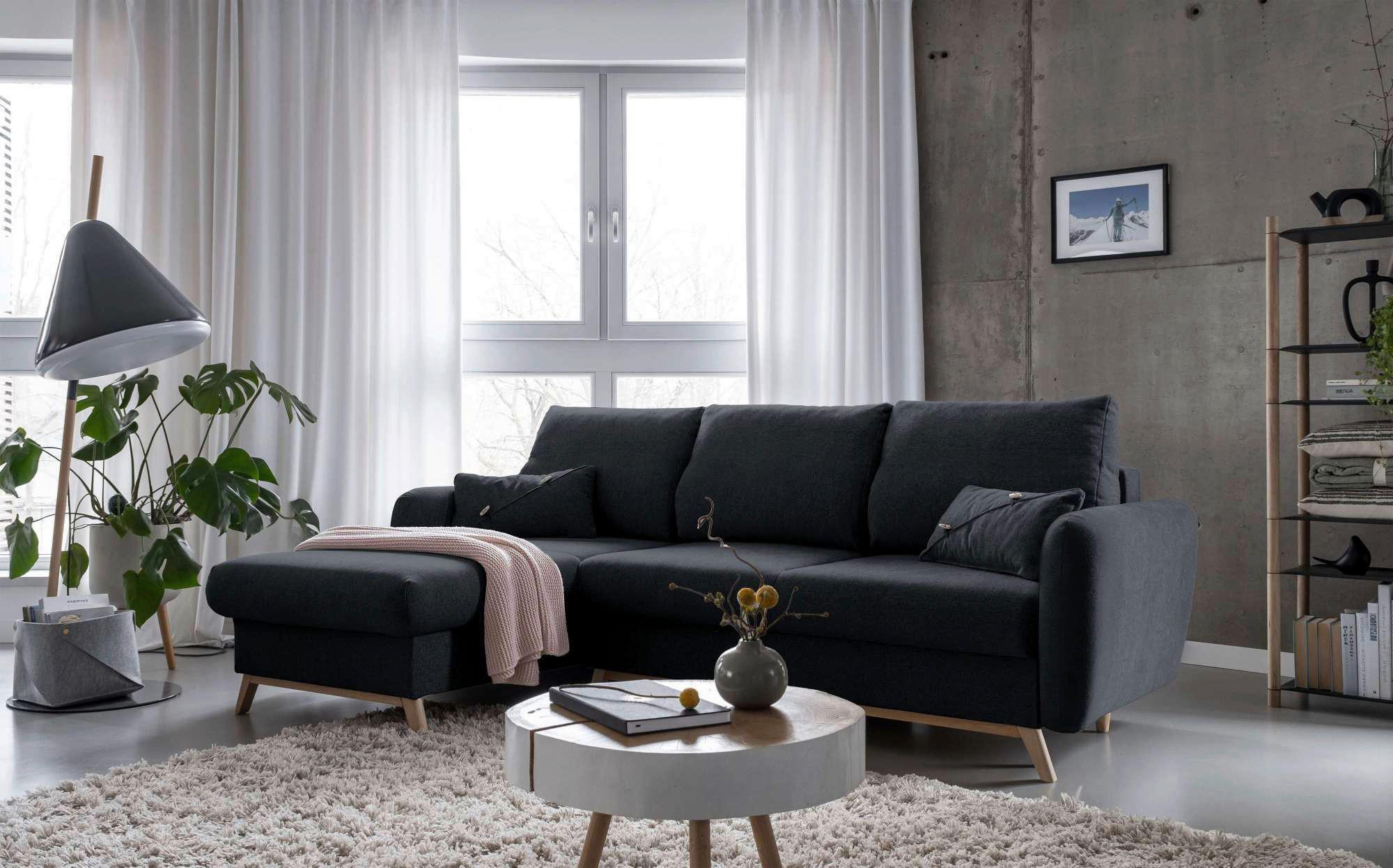 Sedačka LUCILE S, ľavá, tm.sivá, úl.priestor a lôžko - prírodná farba/tmavosivá, drevo/textil (157/235cm) - MID.YOU