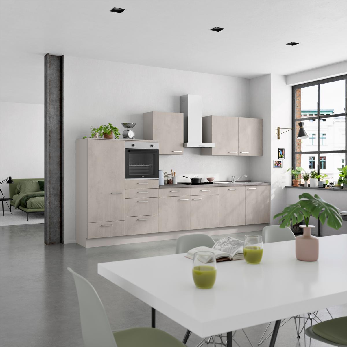 Kuchynská linka 360 cm, betónová sivá - sivá/farba ušľachtilej ocele, Modern, kov/kompozitné drevo (360cm) - Nobilia