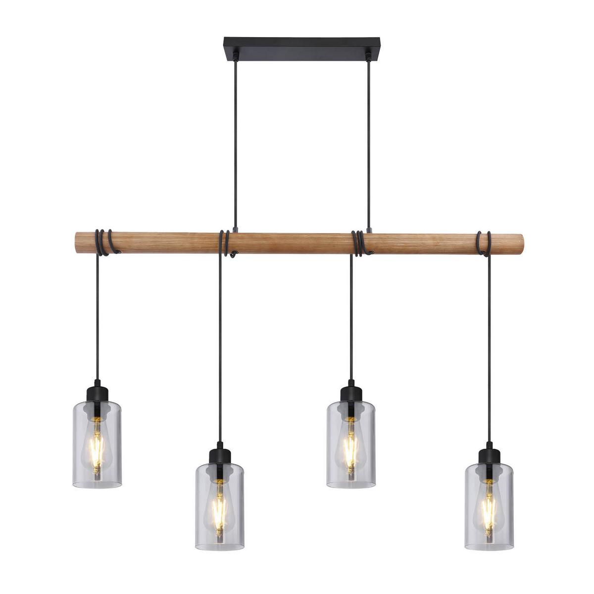 Hängeleuchte Hadera H: 130 cm 4-Flammig, Rauchglas - Schwarz/Braun, Natur, Glas/Holz (98/15/130cm) - Globo