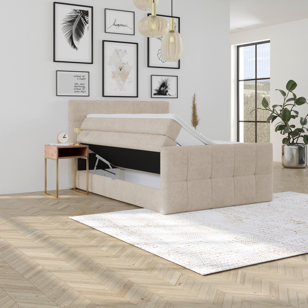 Boxspringbett Mit Topper & Bettkasten 140x200 Medino - Beige, KONVENTIONELL, Holz/Holzwerkstoff (140/200cm)