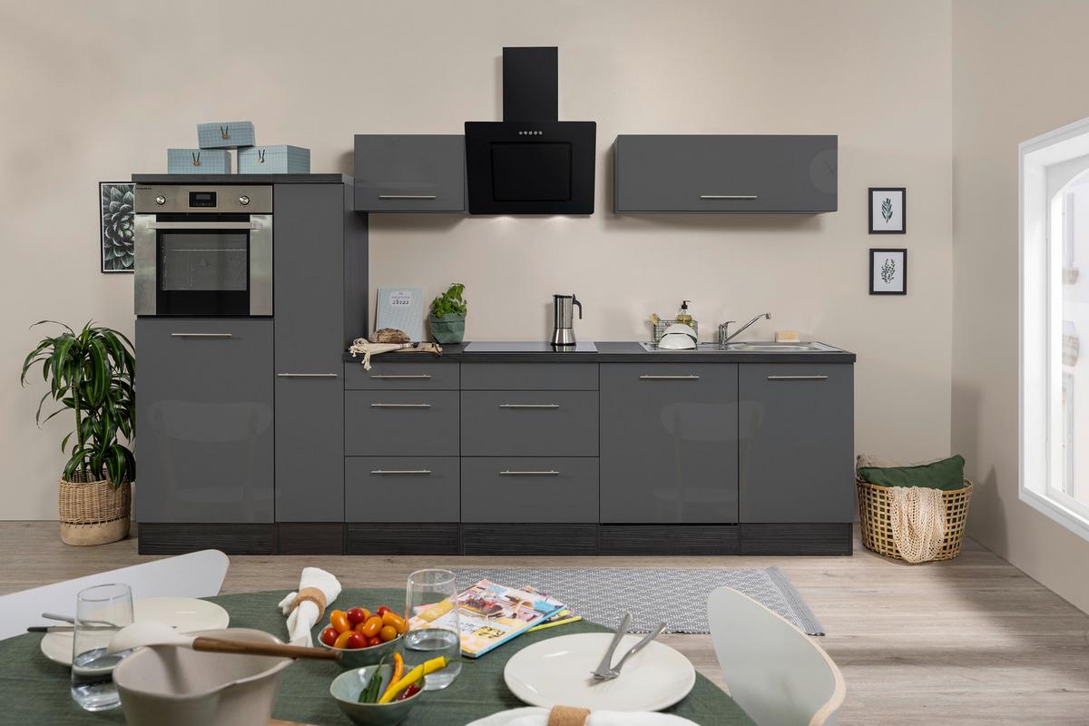 Küchenzeile mit Geräten 310 cm Grau Hochglanz - Eichefarben/Grau, Basics, Holzwerkstoff (310cm) - Respekta