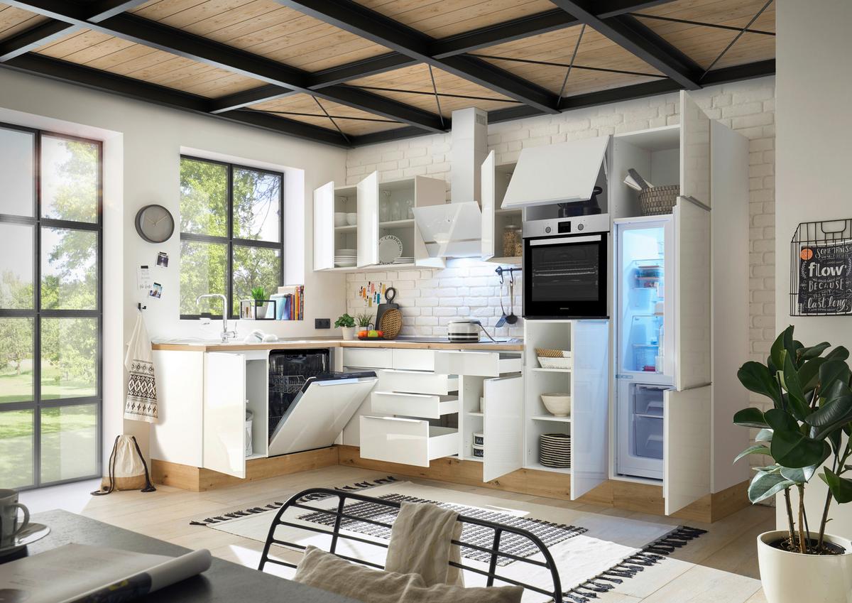 Eckküche mit Geräten 340x170 cm Weiß/Eiche Dekor, Modern - Weiß Hochglanz/Weiß, LIFESTYLE, Holzwerkstoff (170/340cm) - Respekta