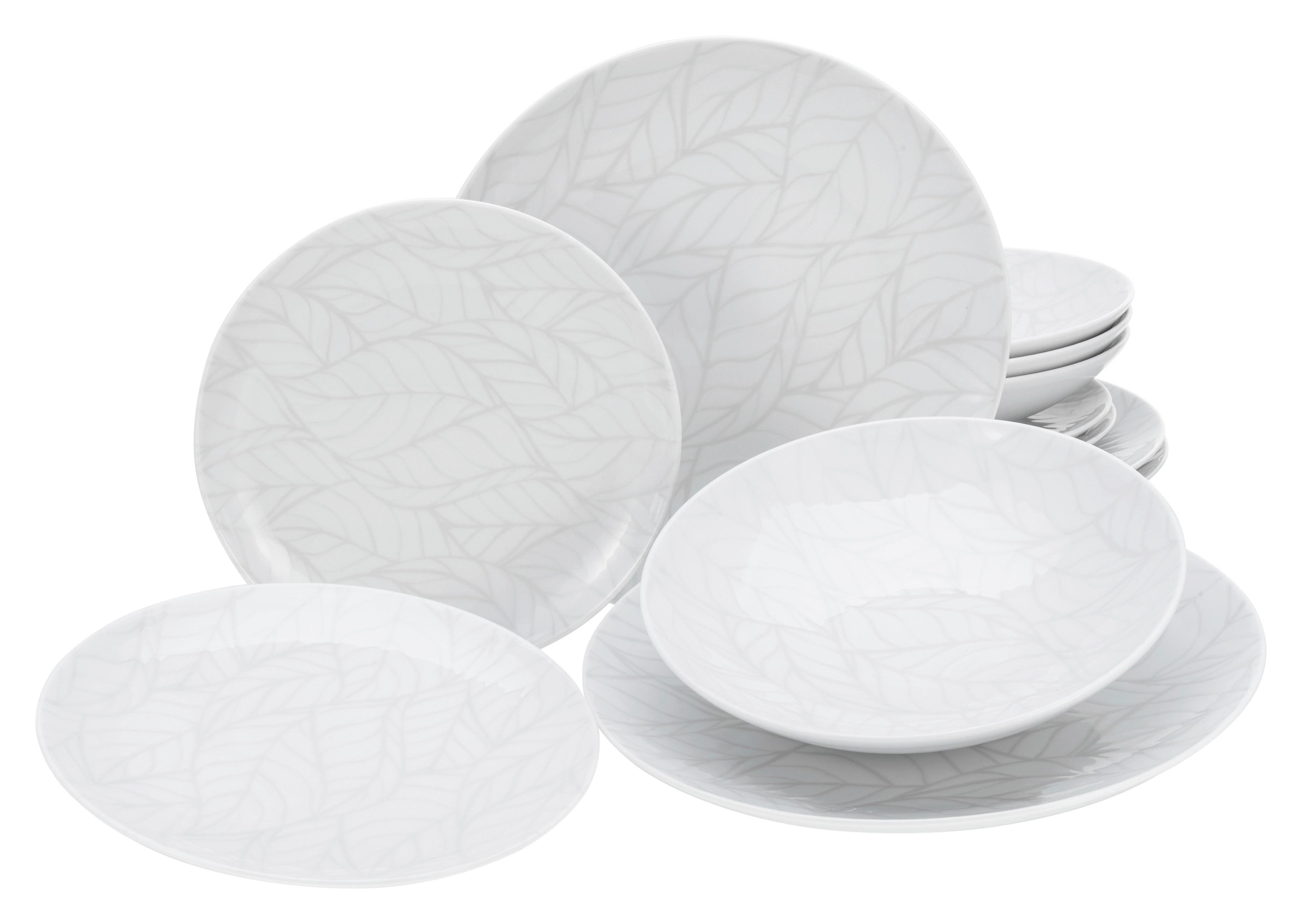 Tafelservice in Weiß mit dezentem Blätterdekor