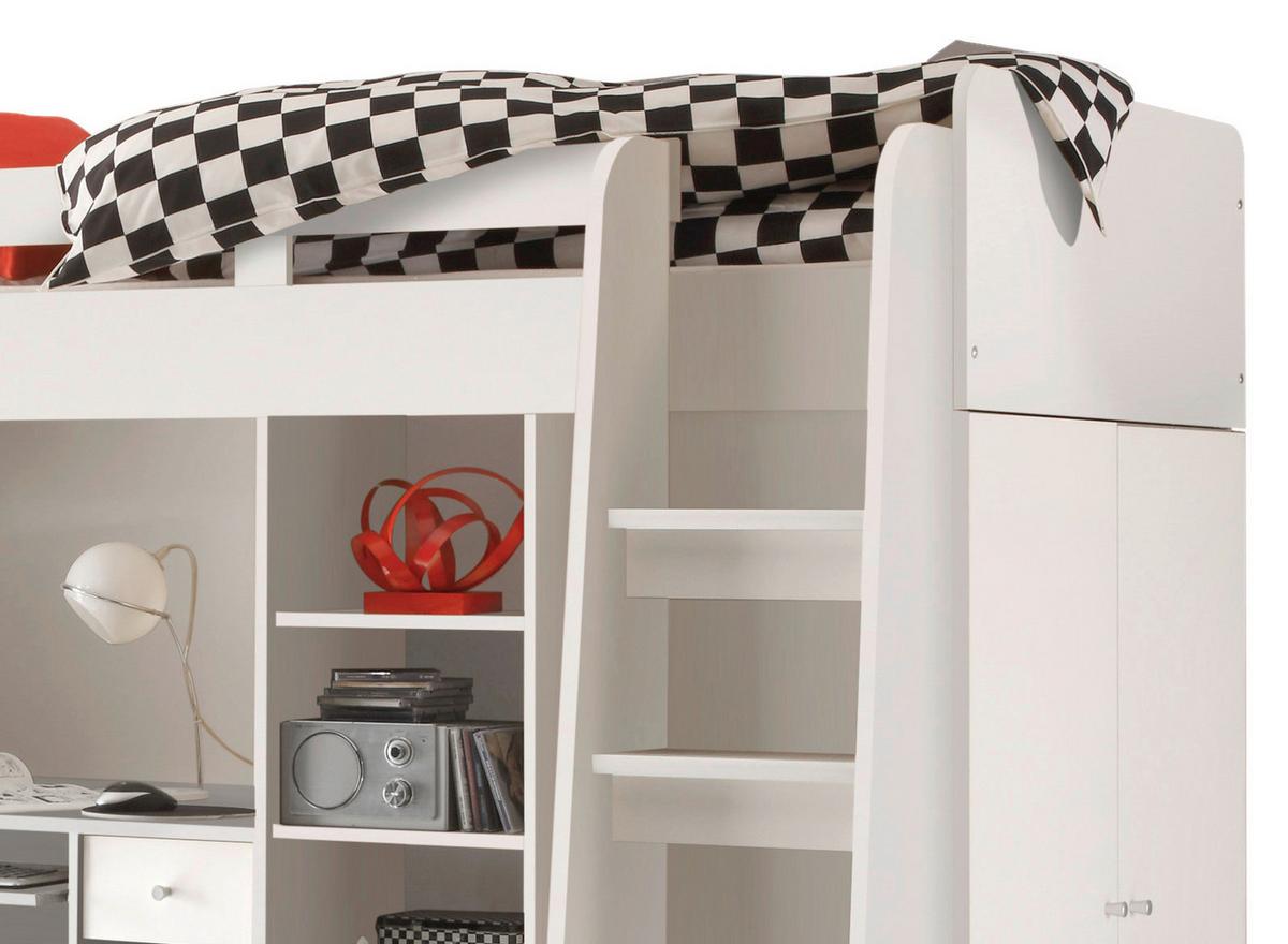 Vysoká posteľ UNIT so stolíkom a skrinkou - biela, Modern, kompozitné drevo (90/200cm) - MID.YOU