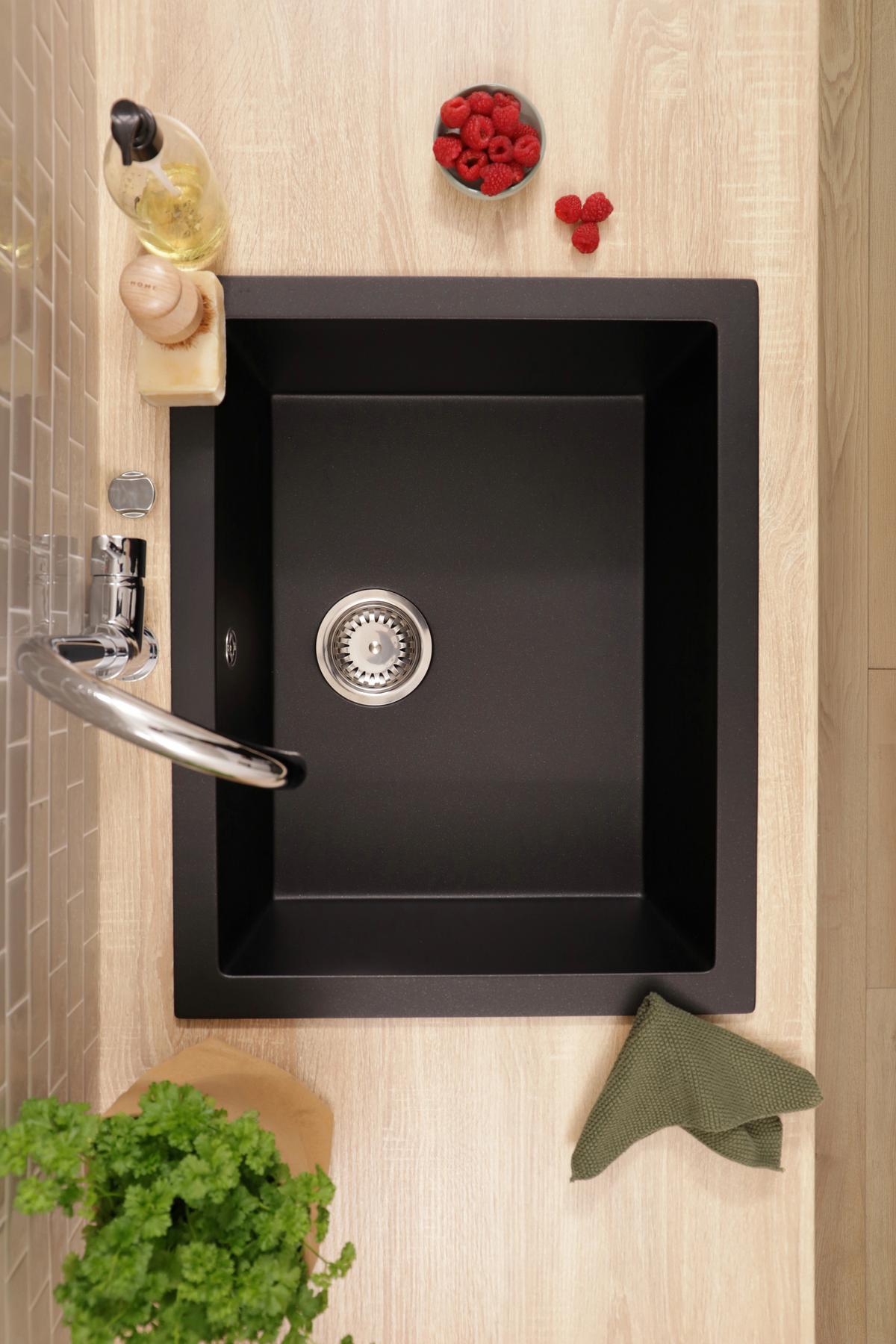 SPÜLE Nelson, Schwarz B: 60 cm - Schwarz, Trend, Stein (60/22/47,5cm) - Respekta