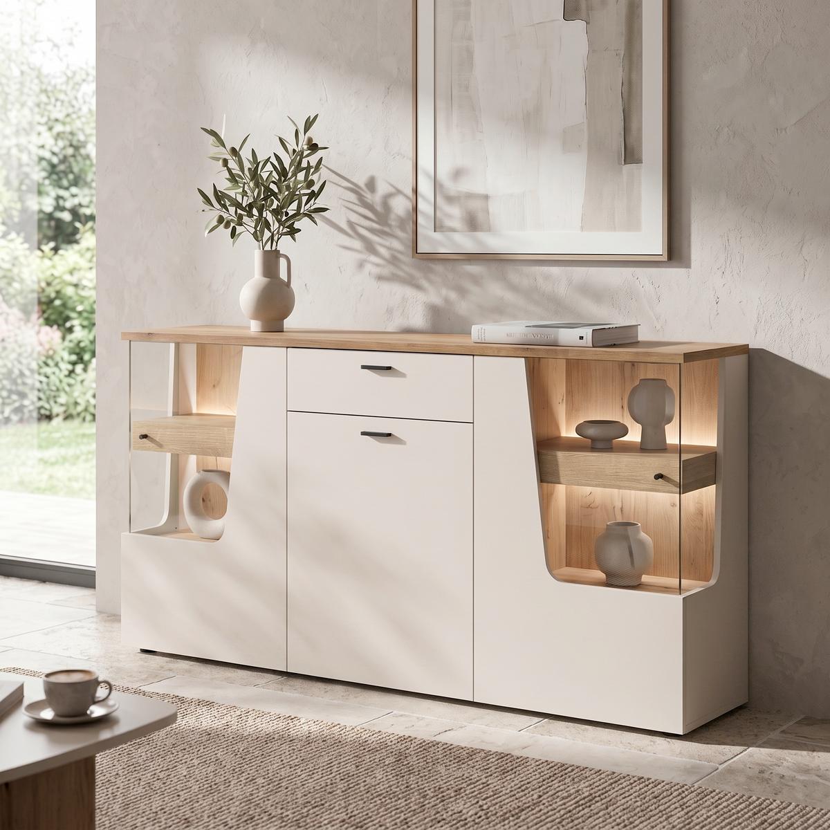 Sideboard Cut Out, B: 165cm Kaschmir/Eichefarben - Kaschmir/Eichefarben, MODERN, Glas/Holzwerkstoff (165/90/40cm) - Premium Living