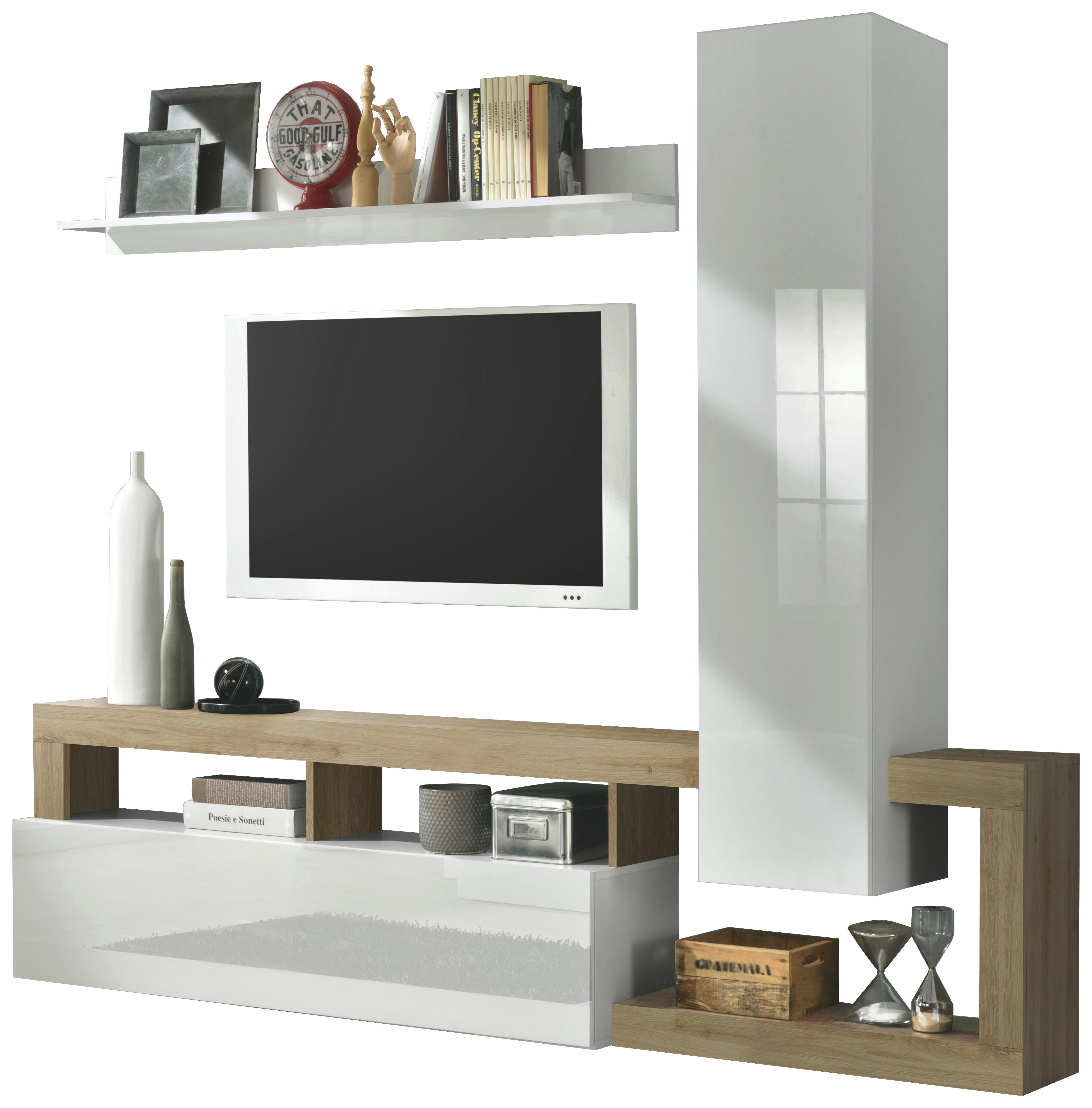 Wohnwand Hamburg Eiche Dekor/weiss B: 219cm - Weiß Hochglanz/Eichefarben, MODERN, Holzwerkstoff (219/200/35cm)