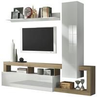 Wohnwand Hamburg Eiche Dekor/weiss B: 219cm - Weiß Hochglanz/Eichefarben, MODERN, Holzwerkstoff (219/200/35cm)