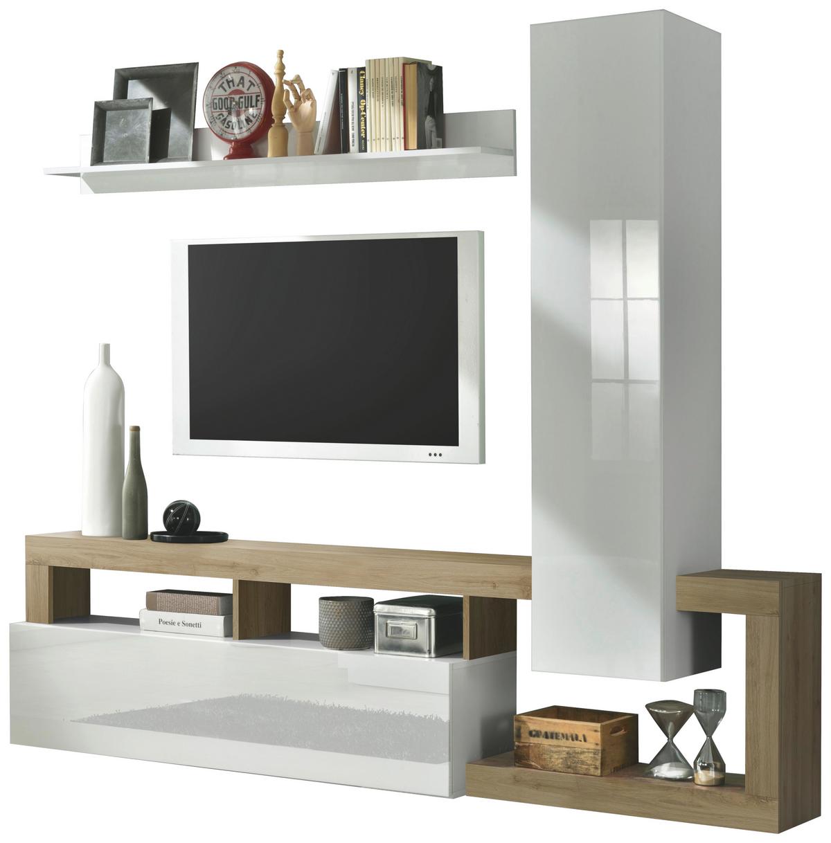 Wohnwand Hamburg Eiche Dekor/weiss B: 219cm - Weiß Hochglanz/Eichefarben, MODERN, Holzwerkstoff (219/200/35cm)