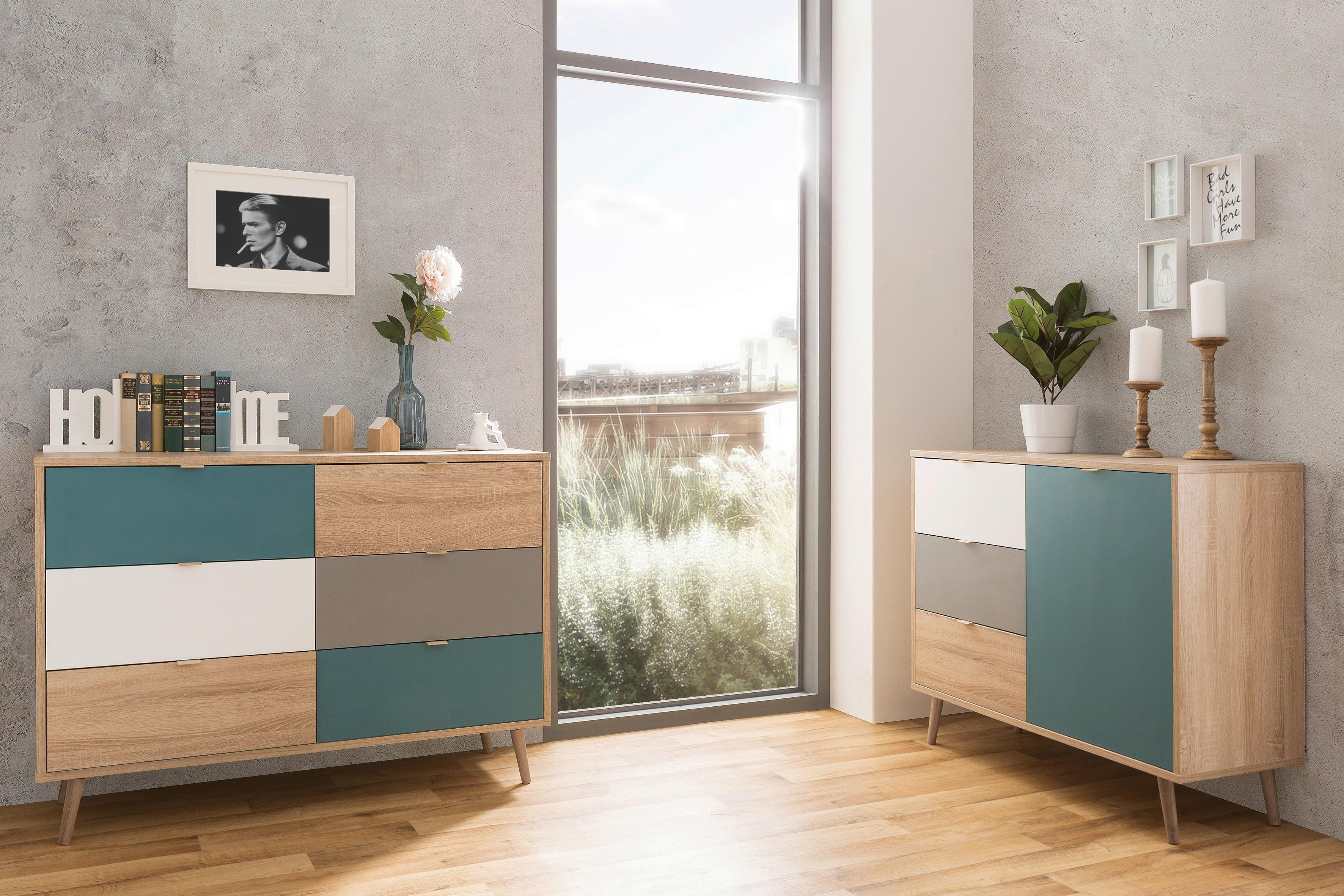 Kommode B 120cm Cuba 3-Trend, Eiche Dekor/Grau, Weiß, Petrol - Eichefarben/Petrol, Trend, Holzwerkstoff (120/85/40cm) - MID.YOU