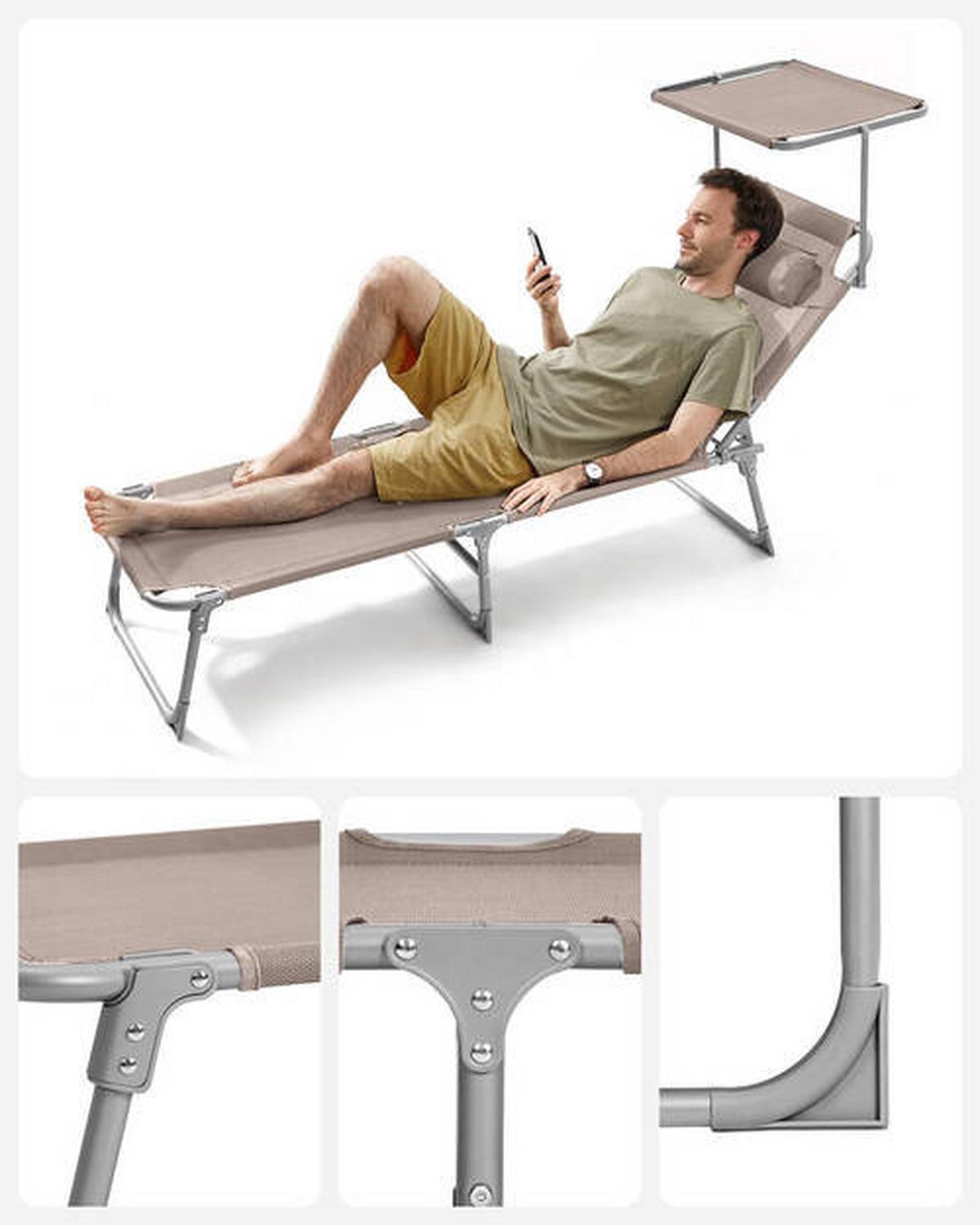 Sonnenliege Taupe inkl. Sonnendach, B: 53 cm - Taupe, Basics, Textil/Metall (53/29,5/193cm) - Modante