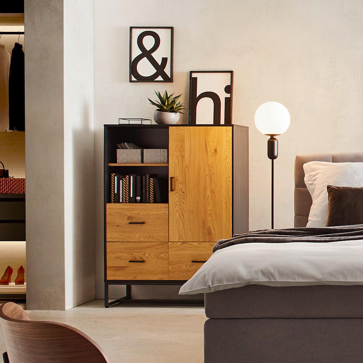 Komoda GIORGIA - čierna/farba duba, Modern, kov/kompozitné drevo (100/140/40cm) - Bessagi Home