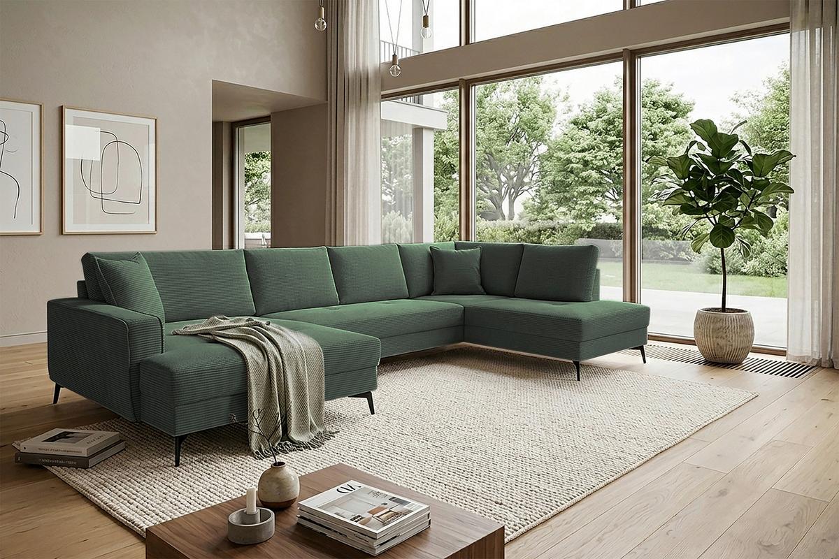 Wohnlandschaft Zero D-Grün U-Form 195x362x173cm - Dunkelgrün/Schwarz, Trend, Textil (173/362/195cm)