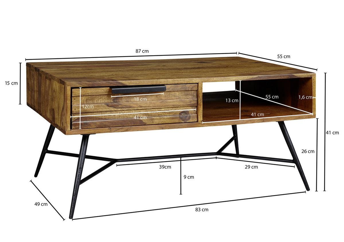 Couchtisch Holz Mit Schublade + Fach Nishan, Sheesham - Sheeshamfarben/Schwarz, Design, Holz/Metall (87/41/55cm) - MID.YOU