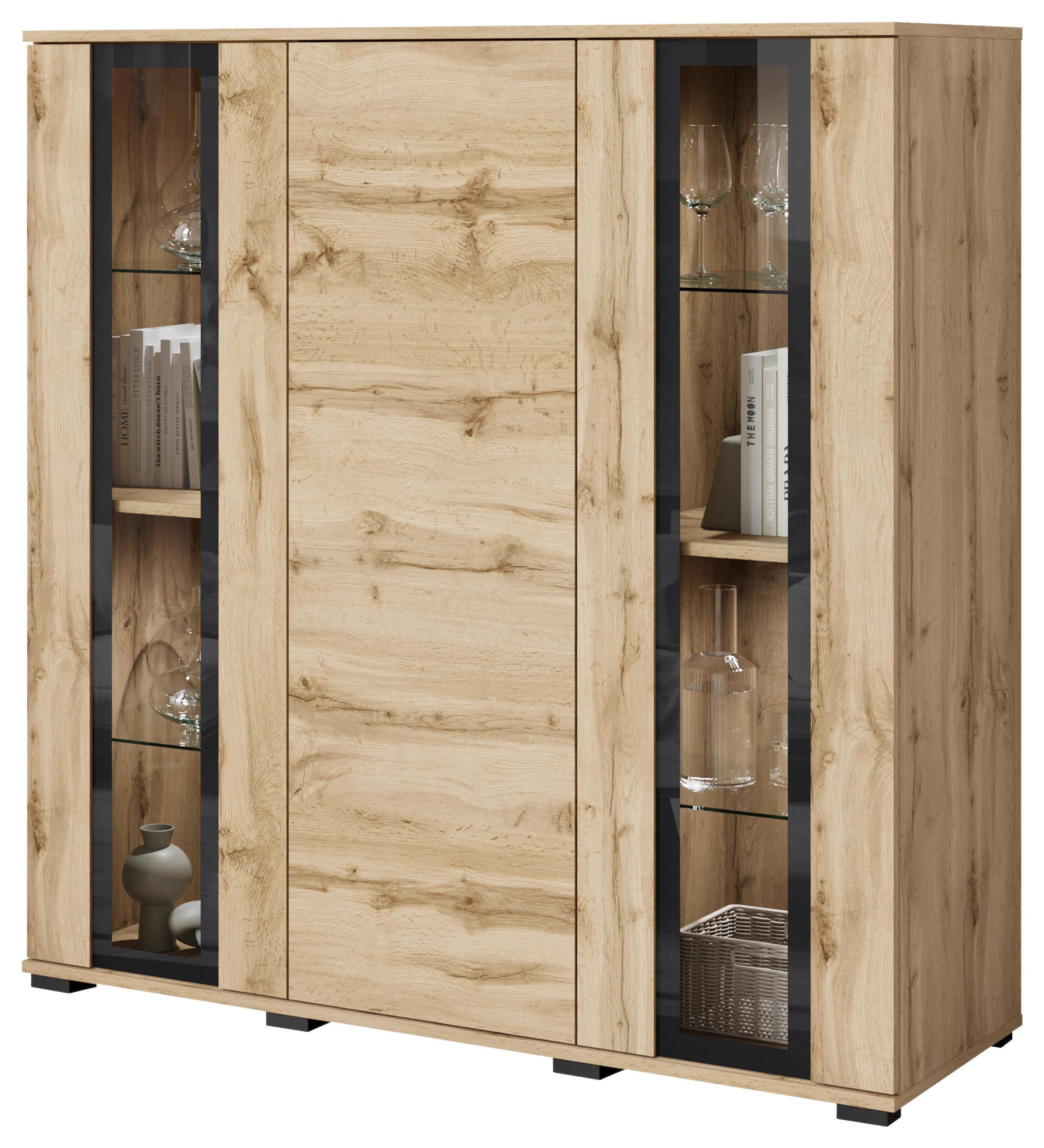 Kommode Caro Eiche Wotan B: 120 cm - Eiche Wotan/Schwarz, Design, Glas/Holzwerkstoff (120/121,9/39,5cm) - Livetastic