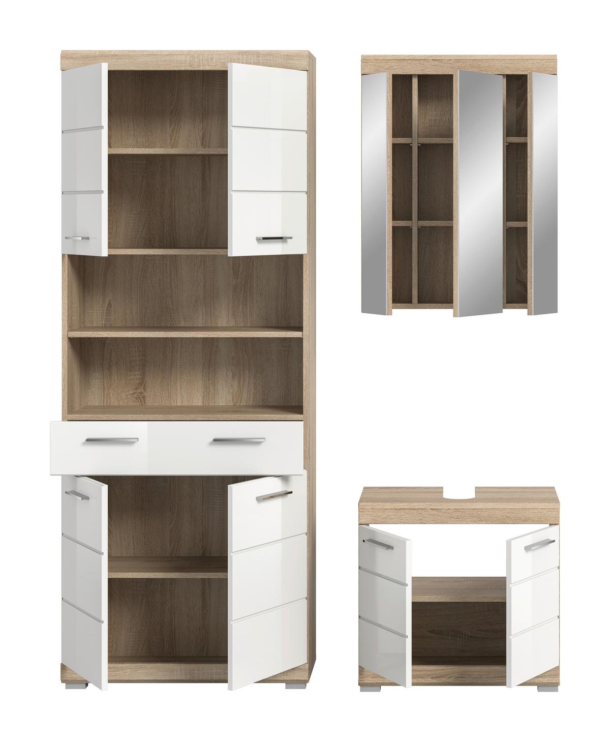 Badezimmer Lambada Weiß/Eiche Dekor B: 134 cm - Weiß Hochglanz/Eichefarben, Basics, Holzwerkstoff (134/191/34cm) - MID.YOU