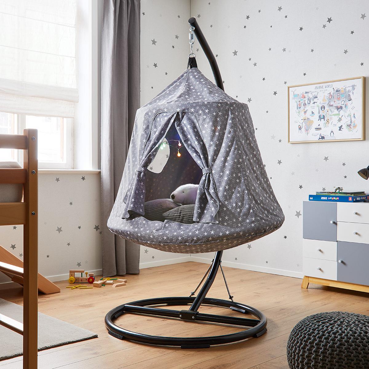 Závěsná houpačka pro děti MAYA - šedá/bílá, Moderní, kov/textil (110/190/110cm) - Bessagi Kids