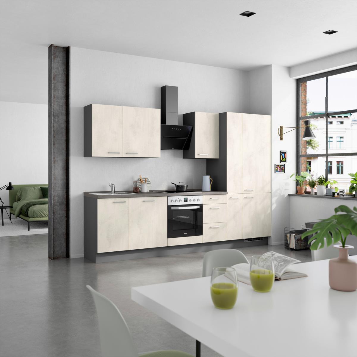 Kuchynská linka 300CM biely betón/ bridlicová šedá - biela/farba ušľachtilej ocele, Modern, kov/kompozitné drevo (300cm) - Nobilia