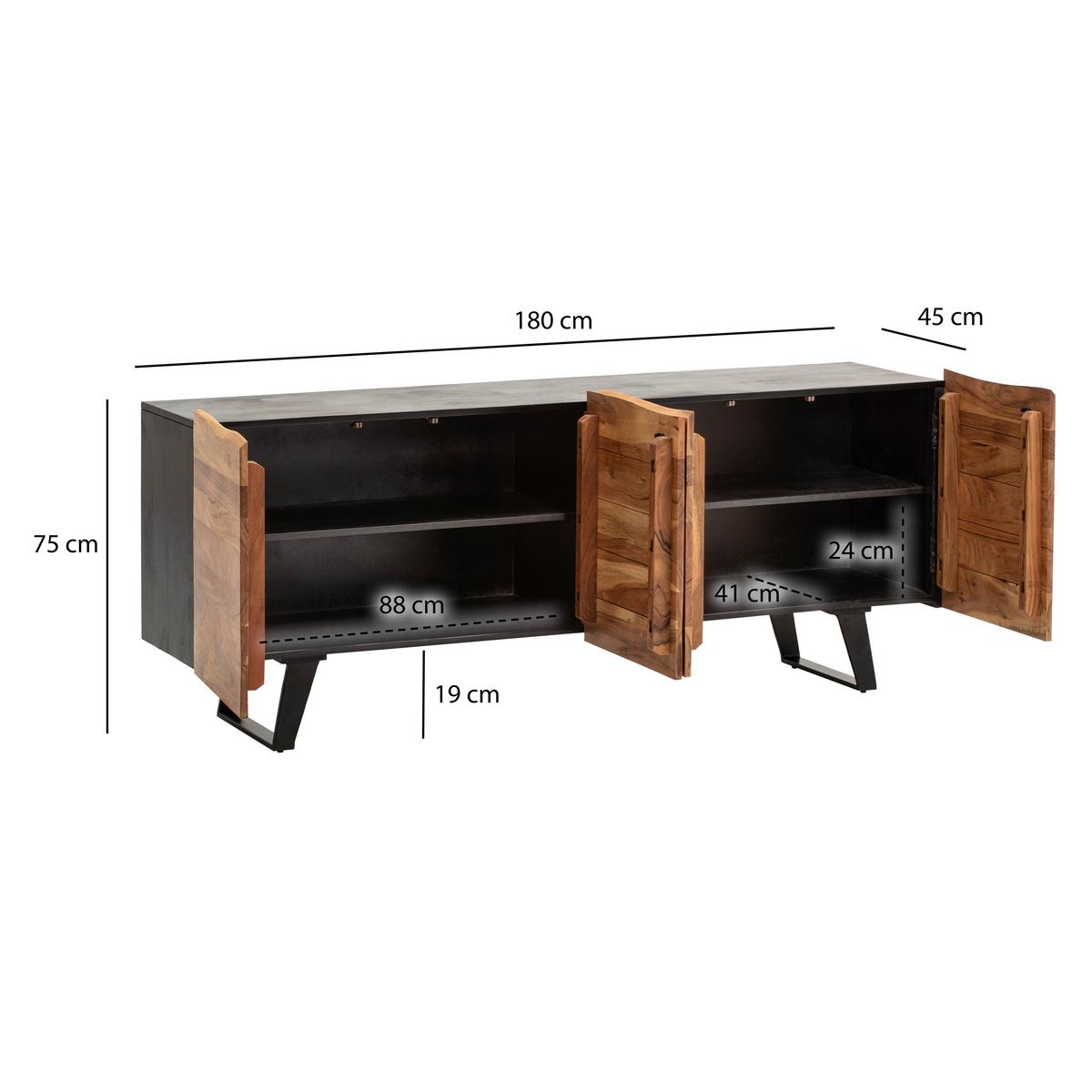 Sideboard Schwarz, Akaziefarben B: 180cm - Schwarz/Akaziefarben, Design, Holz (180/75/45cm) - MID.YOU