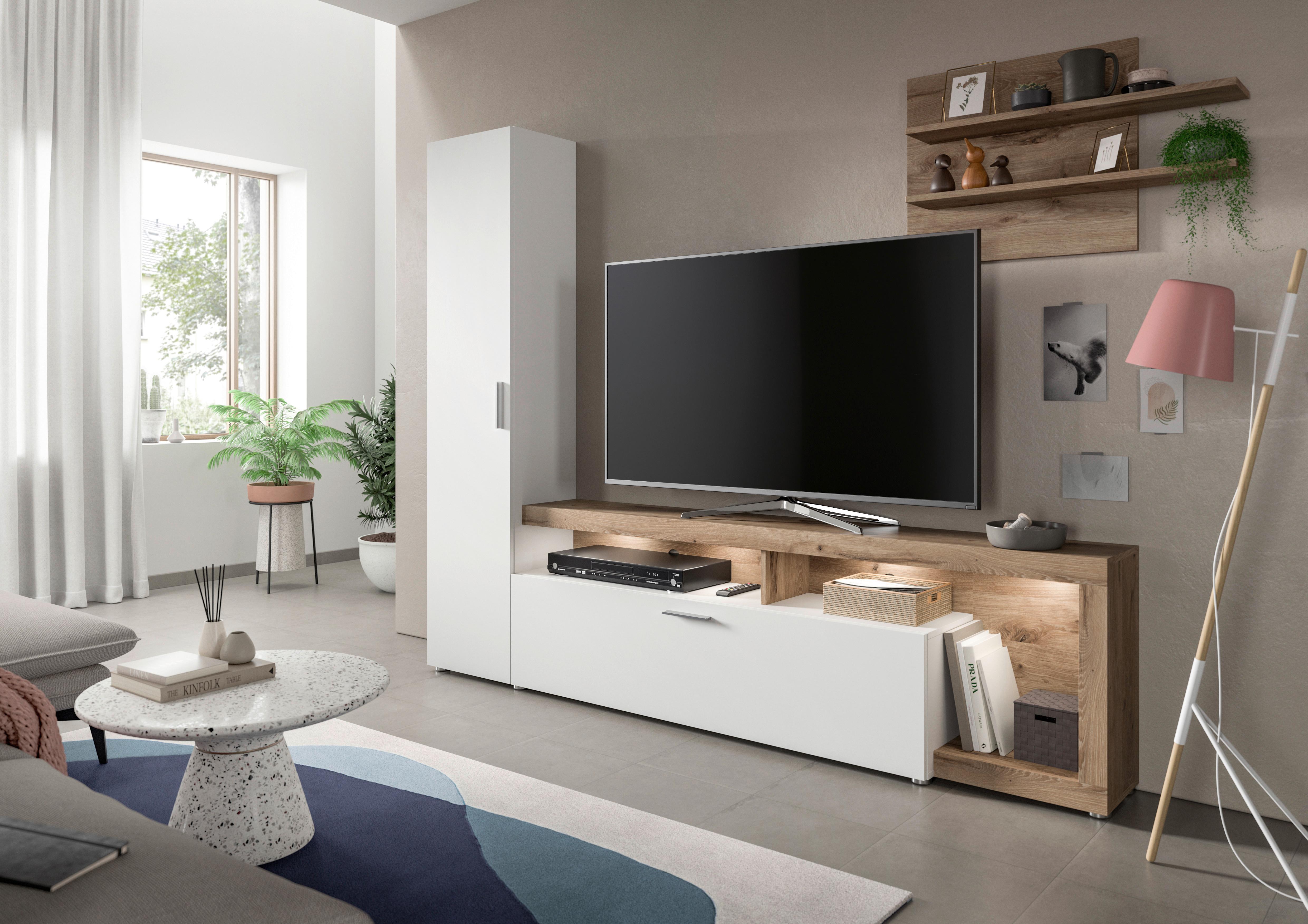 Wohnwand Cross - Eichefarben/Schwarz, Design, Holzwerkstoff (218/178/31cm) - Livetastic