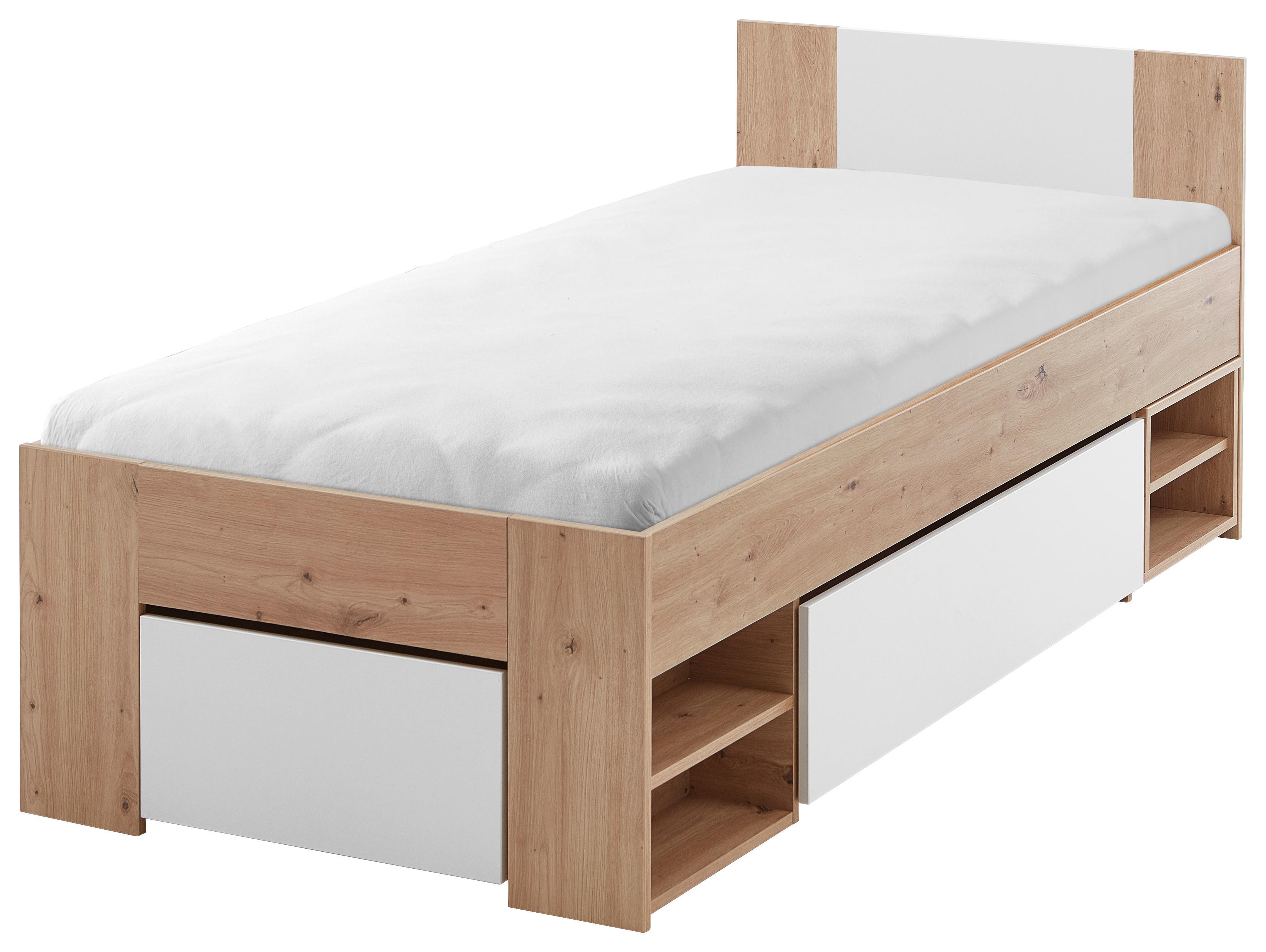 Stauraumbett mit Bettladen 90x 200cm Azurro Weiß/Eiche