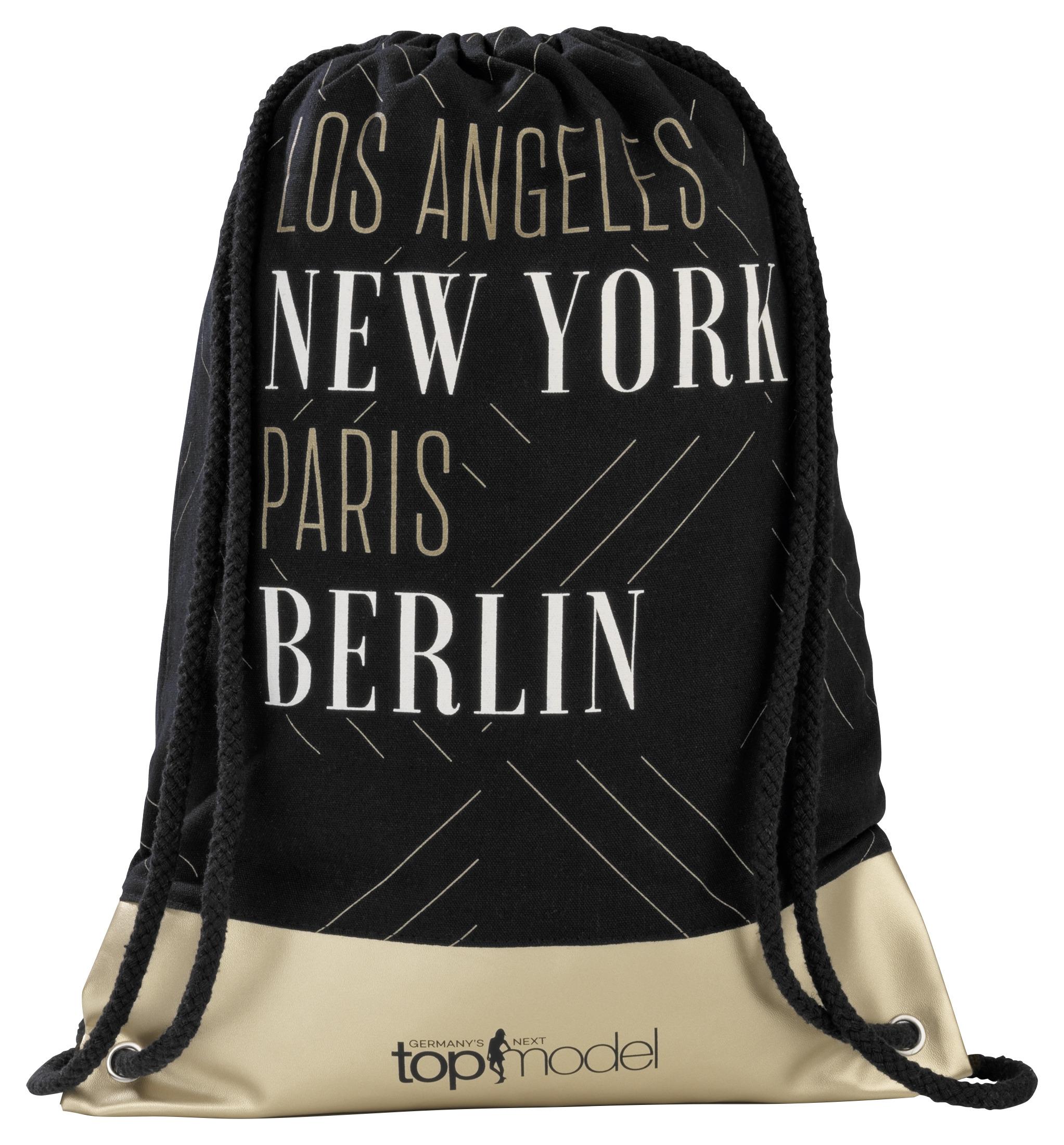 Turnbeutel "Germany's next Topmodel" - Goldfarben/Schwarz, LIFESTYLE, Textil (33/44cm)