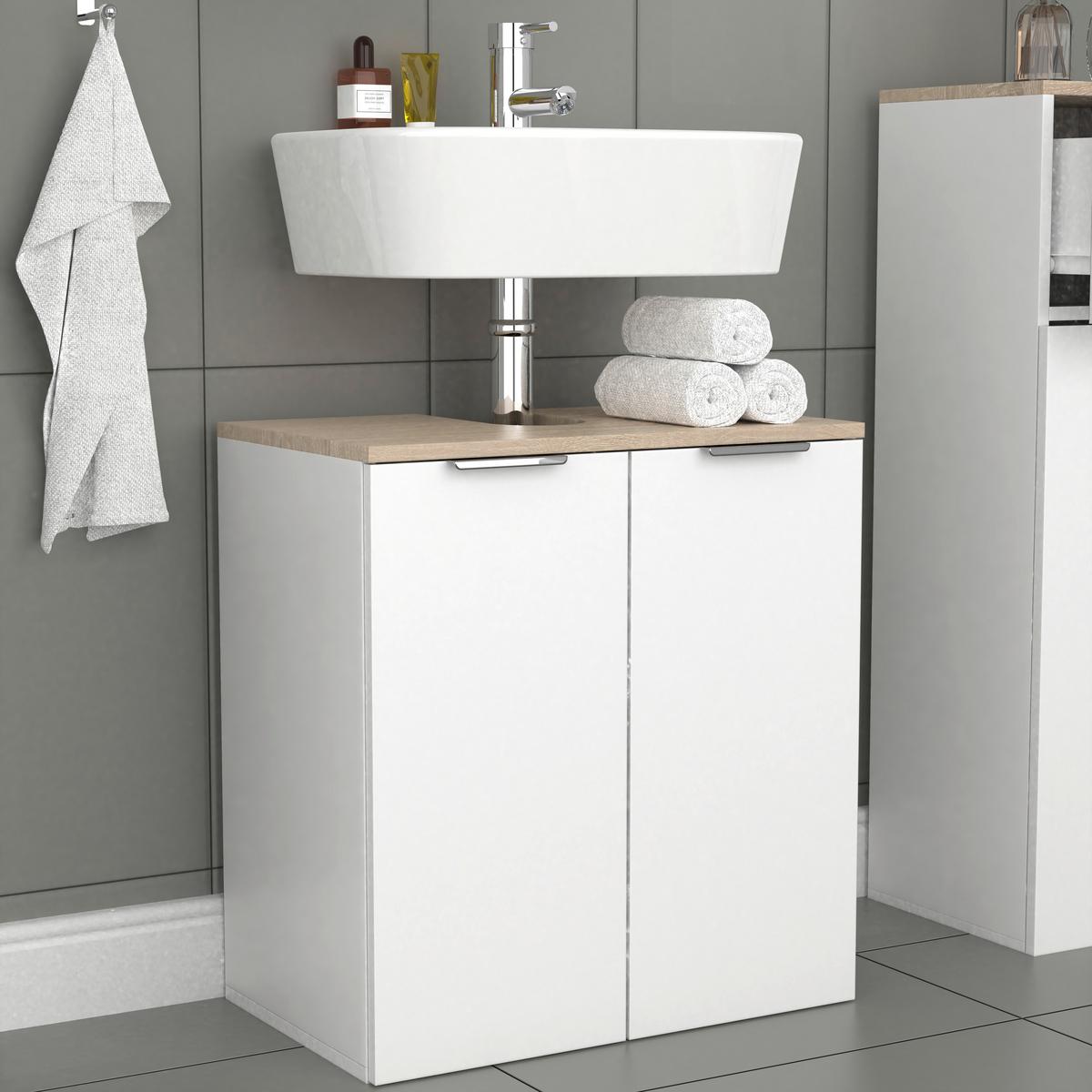 Waschbeckenunterschrank Donali Weiß/Eiche Dekor B:56cm - Weiß/Sonoma Eiche, MODERN, Holzwerkstoff (56/60/34cm) - MID.YOU