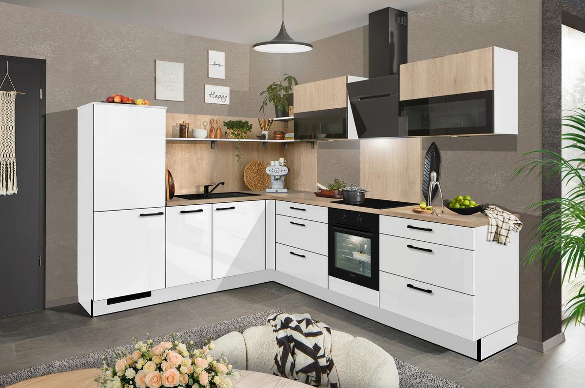 Eckküche Pn215/pn100 - Weiß Hochglanz/Eichefarben, MODERN, Holzwerkstoff (230/285cm) - Pino