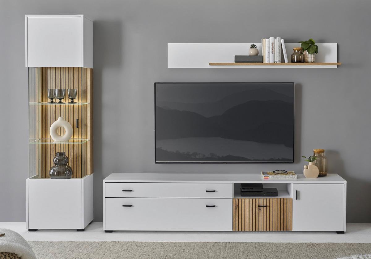 Hudson Wohnwand Weiß/Eichefarben B: 258 cm - Eichefarben/Schwarz, Design, Glas/Holzwerkstoff (258/180/42cm) - MID.YOU