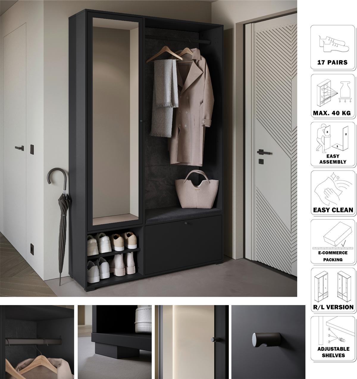 Garderobe Dino 013 Schwarz B: 117,3 Cm - Schwarz, Basics, Holzwerkstoff (117,3/190/33cm) - P & B