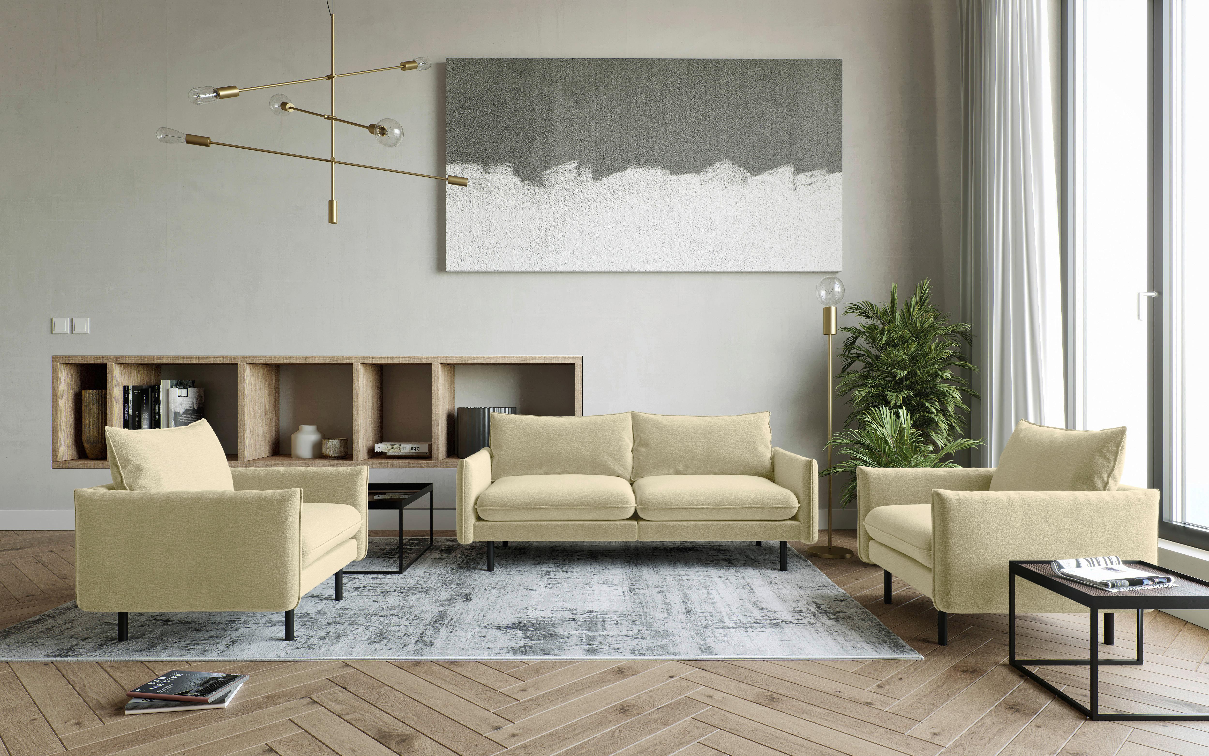 Sitzgarnitur Samos 3-teilig Beige B: 215 Cm - Beige/Schwarz, Design, Textil (215/85/92cm) - Livetastic