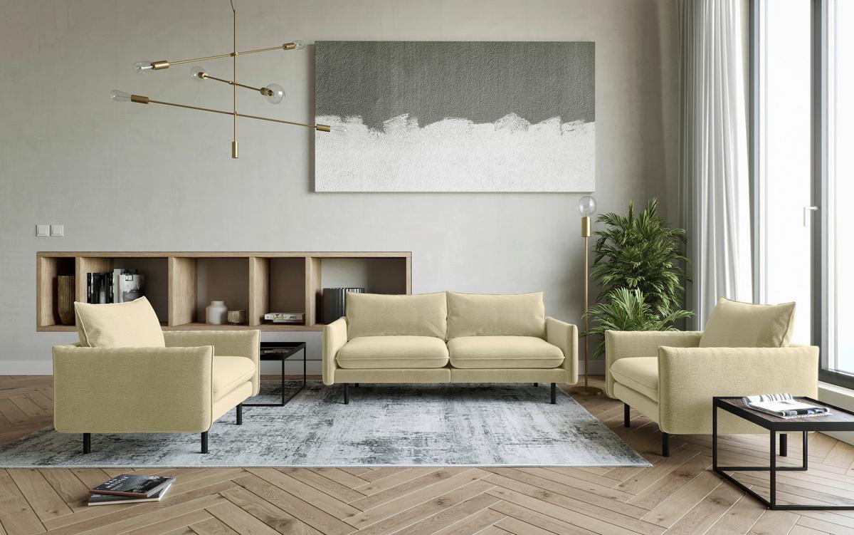 Sitzgarnitur Samos 3-teilig Beige B: 215 Cm - Beige/Schwarz, Design, Textil (215/85/92cm) - Livetastic