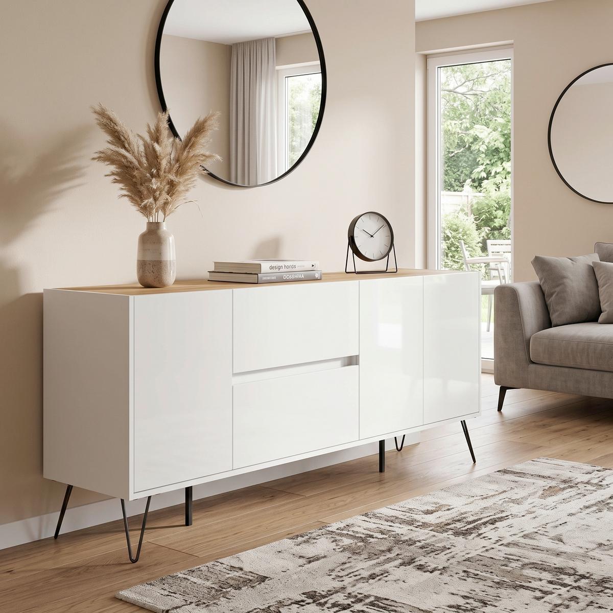 Sideboard Posseik Industrial Eichefarben/Weiß B: 177 cm - Weiß Hochglanz/Eichefarben, Design, Holzwerkstoff (177/75,8/42cm) - MID.YOU