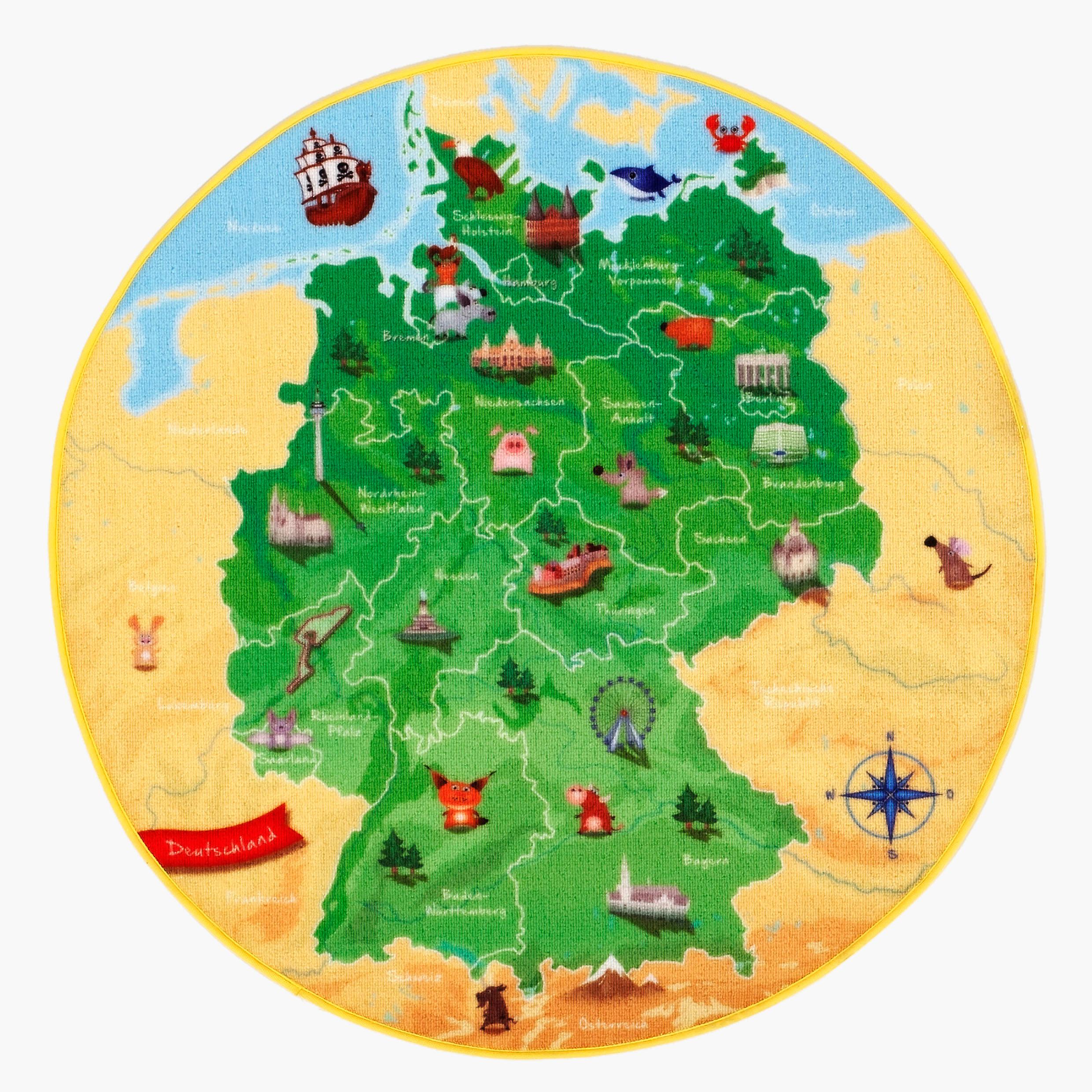 Kinderteppich Rund Landkarte Grün/gelb De-Map Ø 130 Cm - Gelb/Grün, Trend, Textil (130cm)