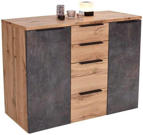 Kommode B 120cm Kai 2, Wotan Eiche Dekor/Beton Optik - Eichefarben/Alufarben, MODERN, Holzwerkstoff (120/80/39cm)
