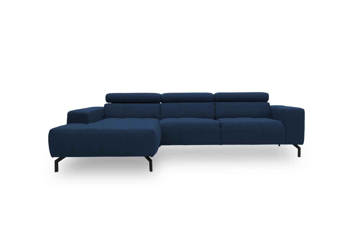 Ecksofa mit dunkelblauem Webstoffbezug und verstellbaren Kopfteilen