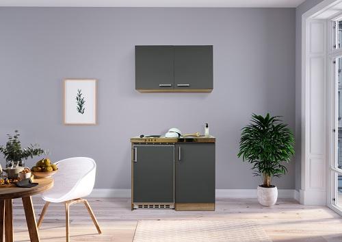 Miniküche mit Kühlschrank + Kochfeld 100 cm Grau - Edelstahlfarben/Eichefarben, MODERN, Holzwerkstoff/Metall (100cm) - Respekta