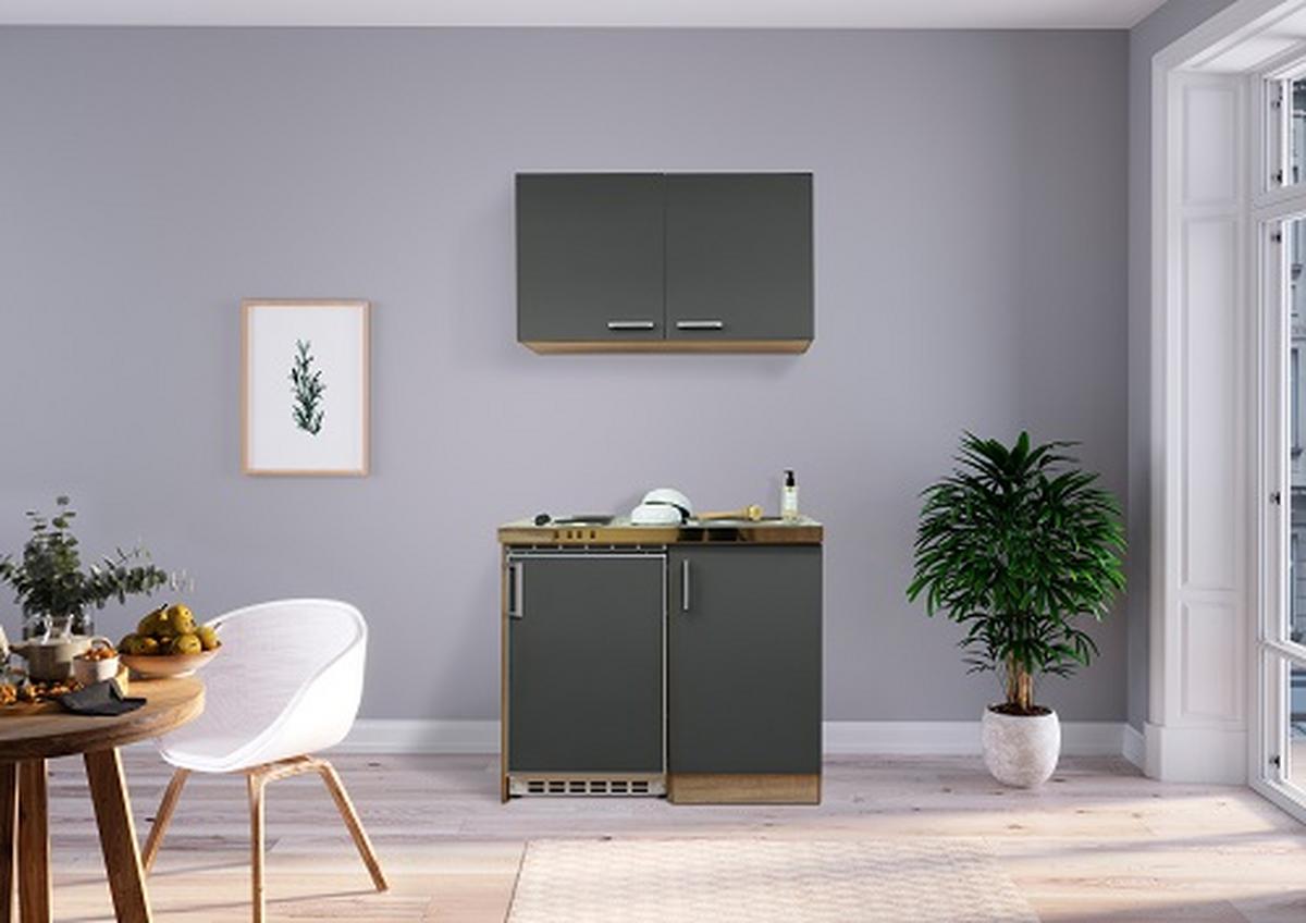 Miniküche mit Kühlschrank + Kochfeld 100 cm Grau - Edelstahlfarben/Eichefarben, MODERN, Holzwerkstoff/Metall (100cm) - Respekta