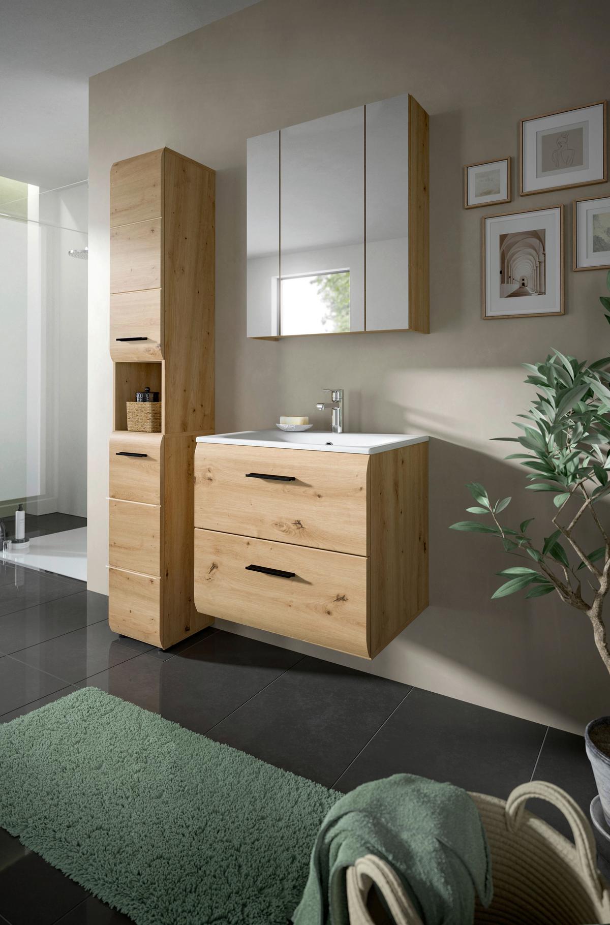 Badezimmer Ice Eiche Artisan Dekor B: 90cm - Schwarz/Eiche Artisan, Basics, Keramik/Holzwerkstoff (90cm) - MID.YOU