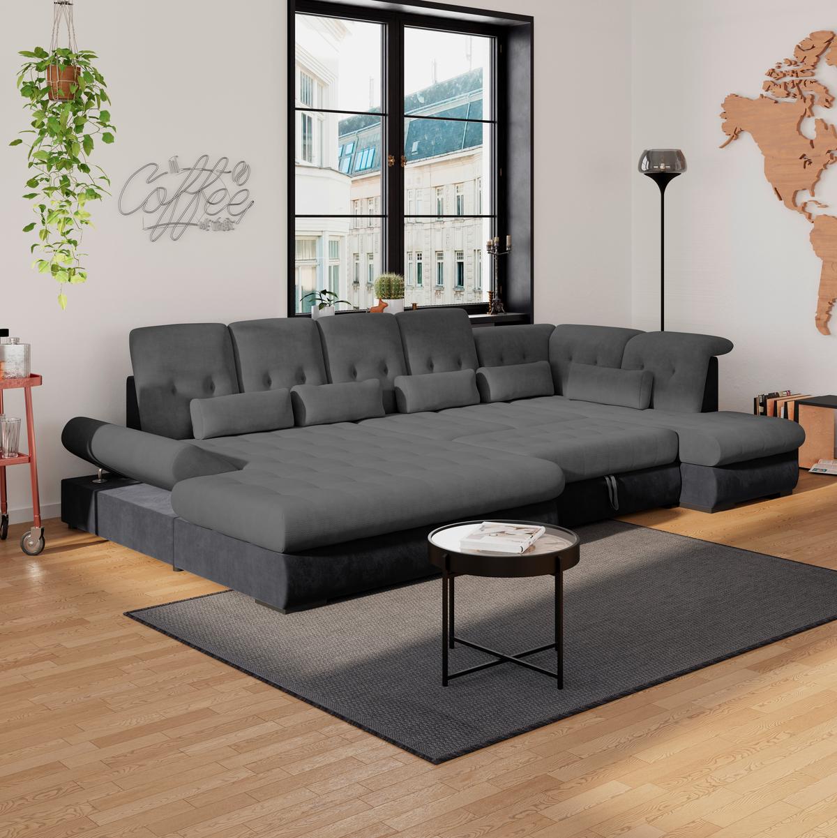 Wohnlandschaft Madera Anthrazit B: 358 cm - Anthrazit/Schwarz, KONVENTIONELL, Kunststoff/Textil (190/358/212cm)