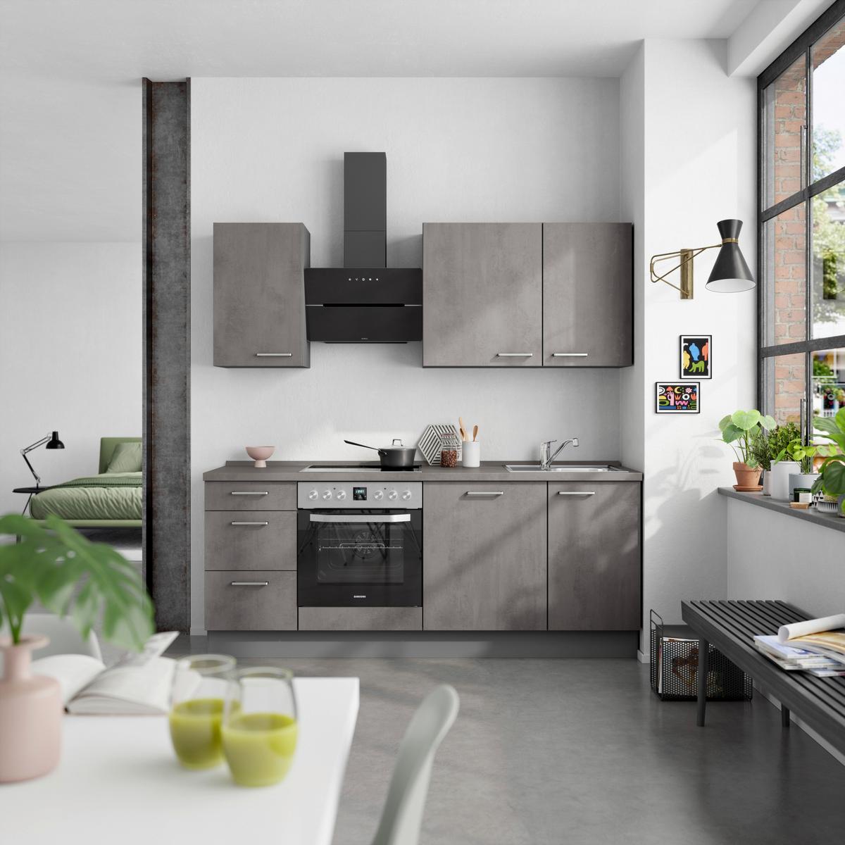 Kuchynská linka 210 cm, bridl.šedý betón/bridl.šedá - farba ušľachtilej ocele/bridlicová, Modern, kov/kompozitné drevo (210cm) - Nobilia