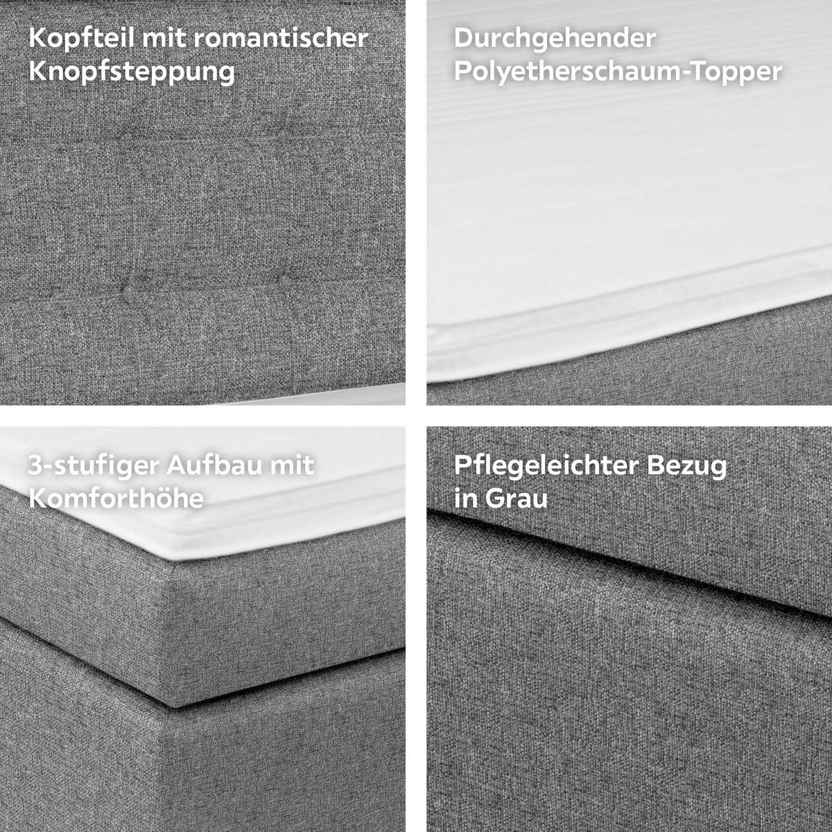 Boxspringbett mit Topper 180x200cm Fabio, Grau - Grau, MODERN, Textil (180/200cm)