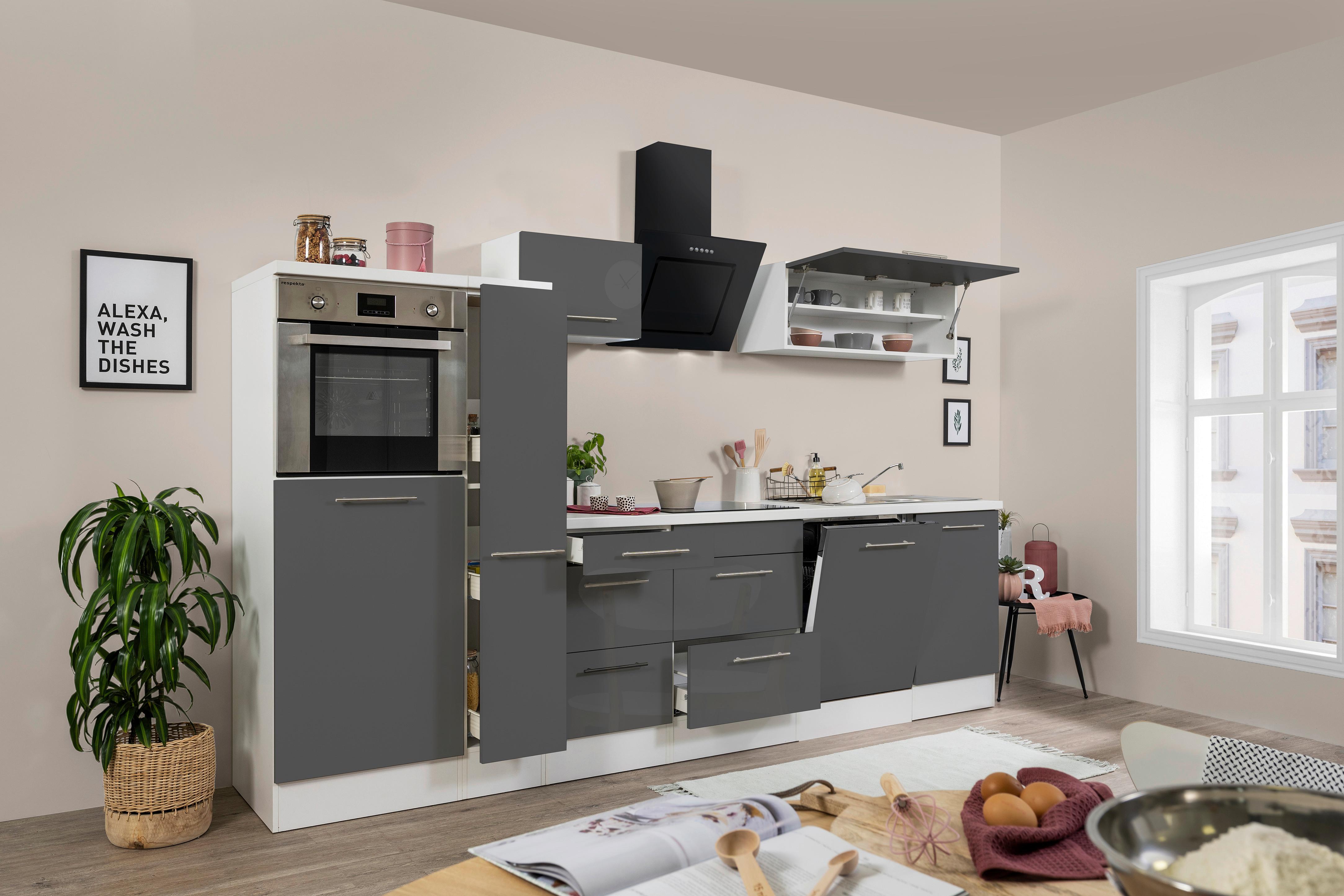Küchenzeile mit Geräten 310 cm Grau Hochglanz/Weiß - Weiß/Grau, KONVENTIONELL, Holzwerkstoff (310cm) - Respekta