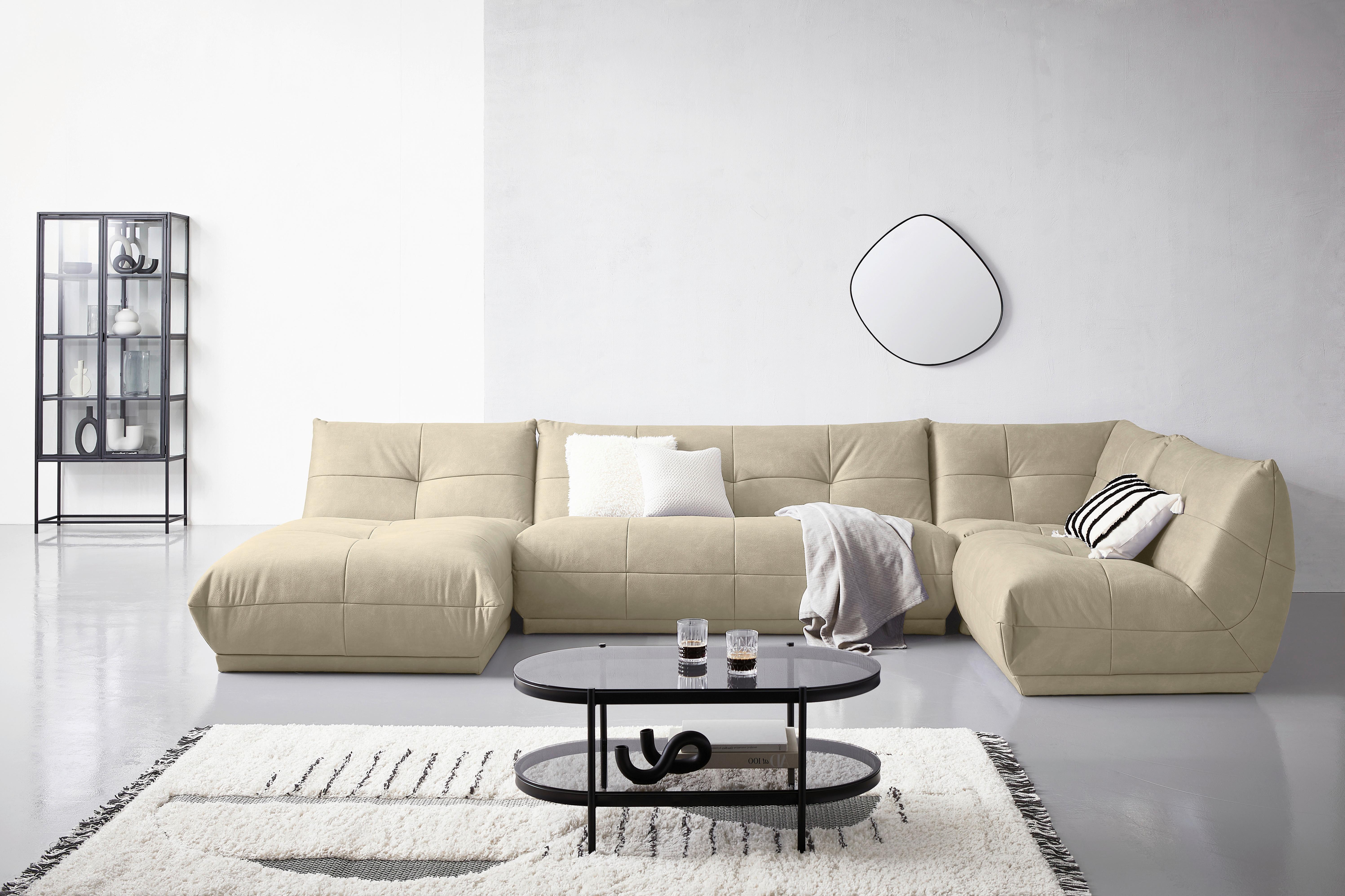 Wohnlandschaft Giselle Creme Lederlook - Creme, Trend, Textil (185/390/210cm) - Livetastic