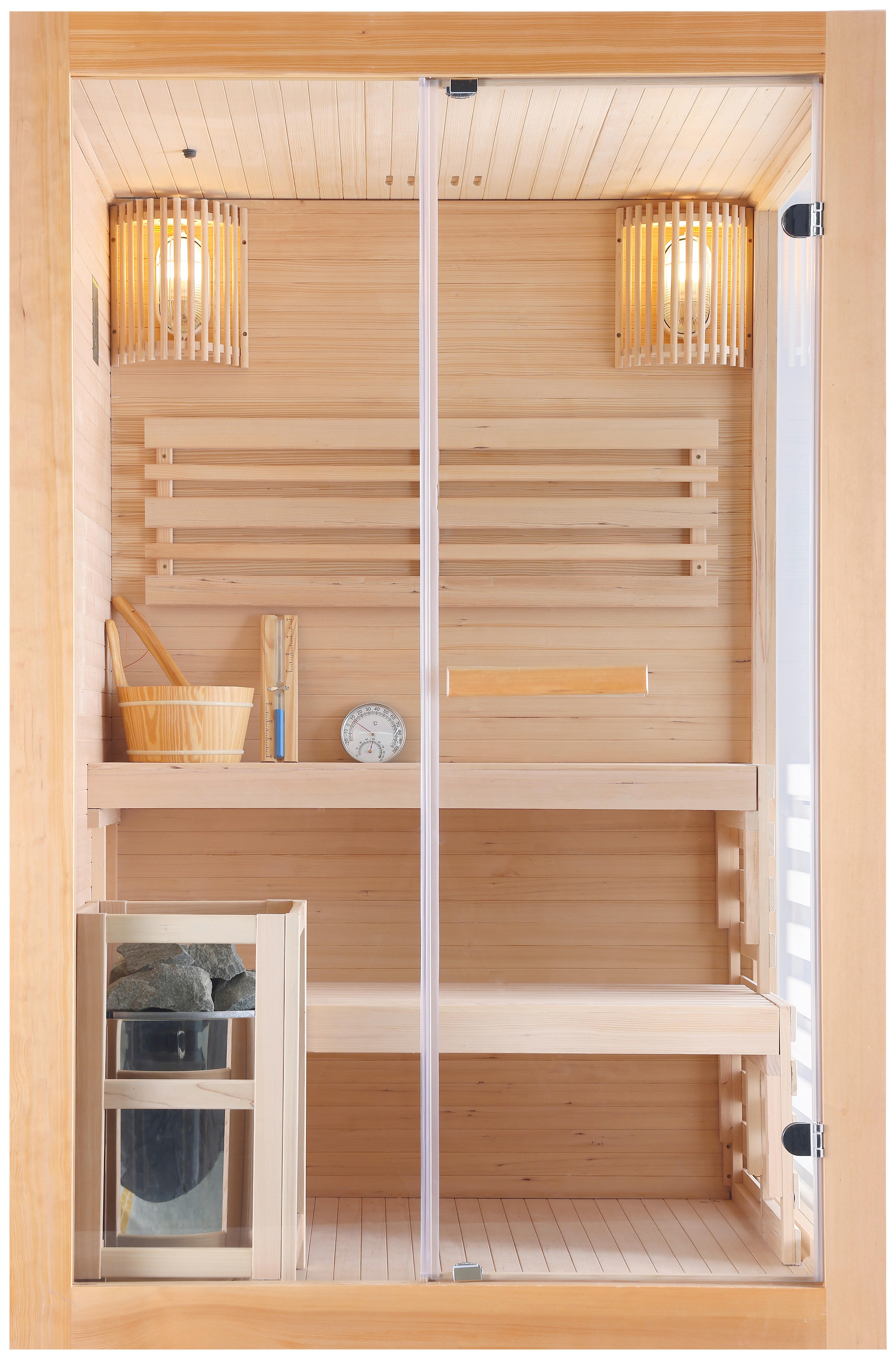 Finnische Panoramasauna BxHxT: 130x120x200 cm - Naturfarben, Basics, Glas/Holz (130/120/200cm) - Sanotechnik