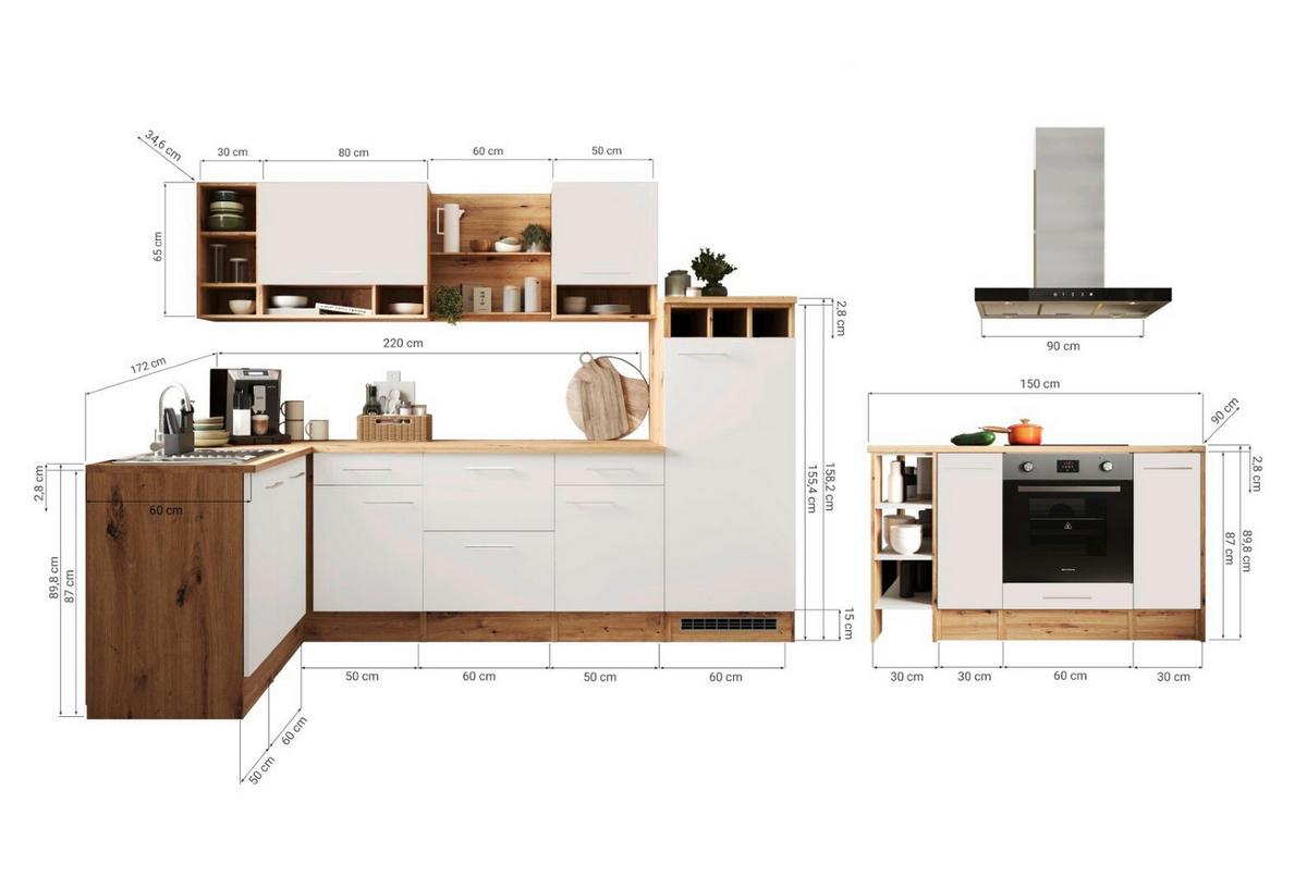 Eckküche Hilde Winkelküche 280 cm - Wildeiche/Weiß, Design, Holzwerkstoff (280/172cm) - Respekta