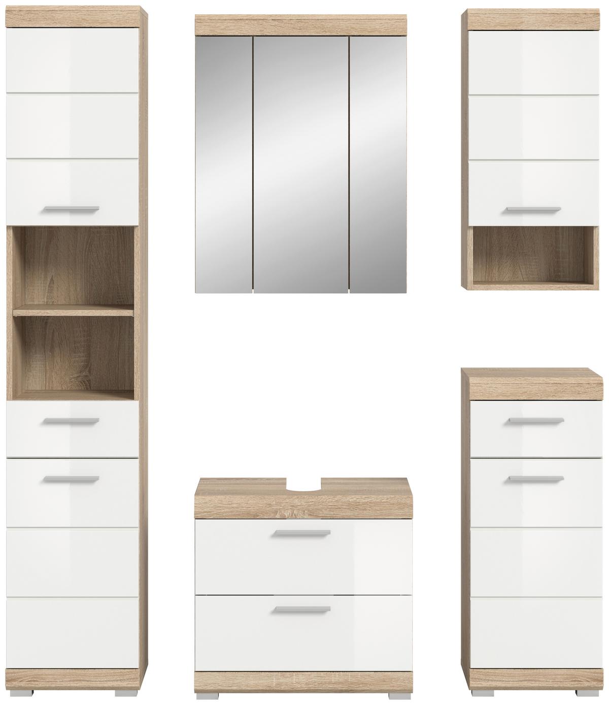 Badezimmer Lambada Eiche Dekor/weiß B: 134 Cm - Weiß Hochglanz/Sonoma Eiche, MODERN, Glas/Holzwerkstoff (134cm) - MID.YOU