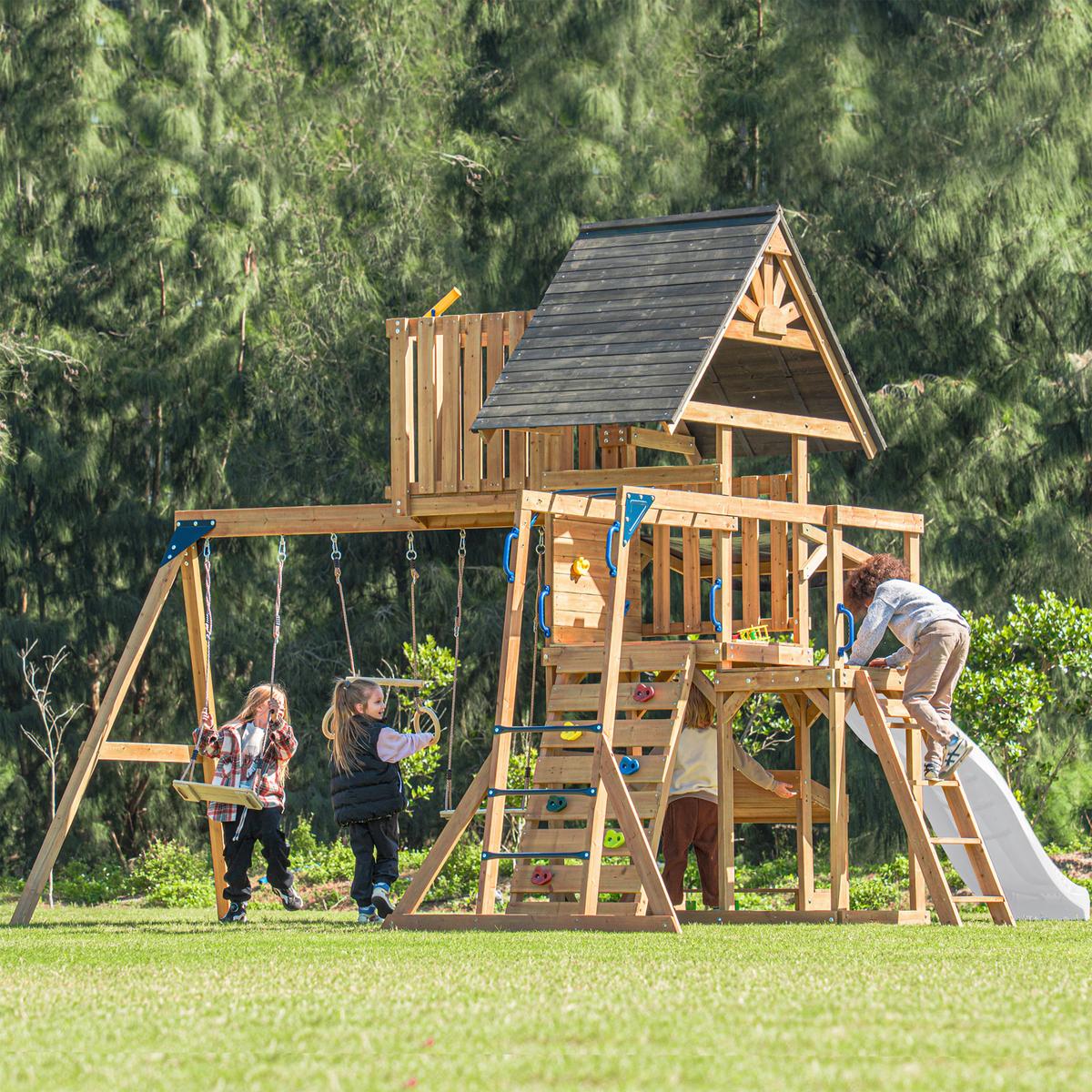 Spielturm mit Rutsche Weiss - Anthrazit/Braun, Basics, Holz/Kunststoff (482/500/338cm) - Ambia Garden