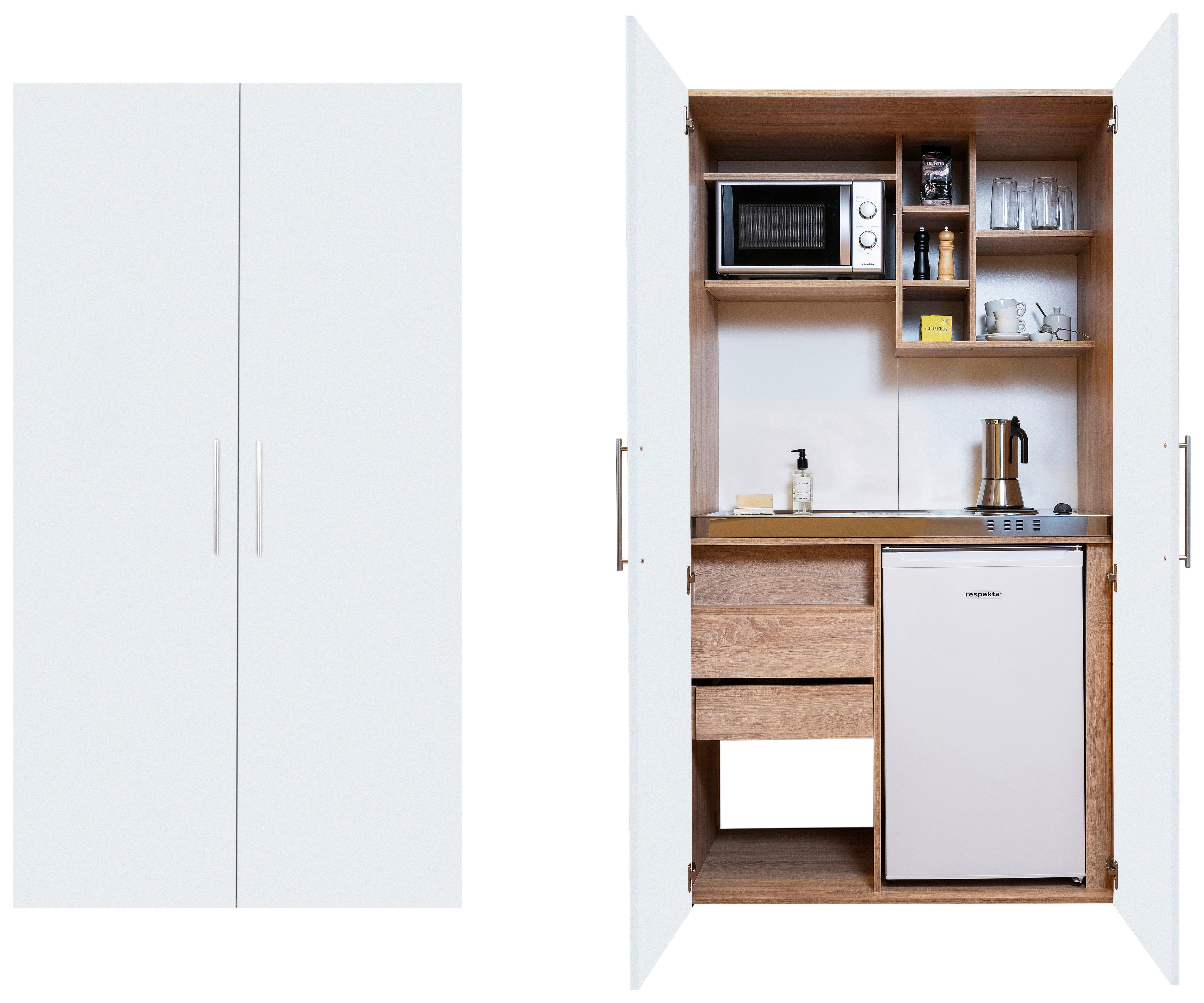 Schrankküche Mit Kühlschrank + Kochfeld 104 Cm Weiß - Edelstahlfarben/Eichefarben, KONVENTIONELL, Holzwerkstoff/Metall (104/193/67cm) - Respekta