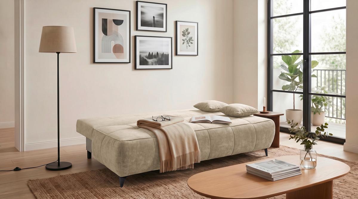 Schlafsofa Elisa Beige, Schlaffunktion - Beige/Schwarz, MODERN, Textil (215/96/106cm) - MID.YOU